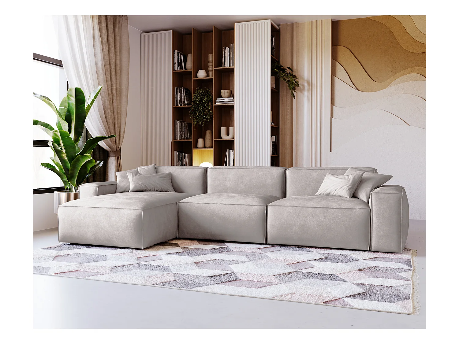 Emporius Figo Gauche Canapé d'angle en Velours, Design, Modern - Canapé d'angle 265x180 cm Gris clair (Whisper 16)