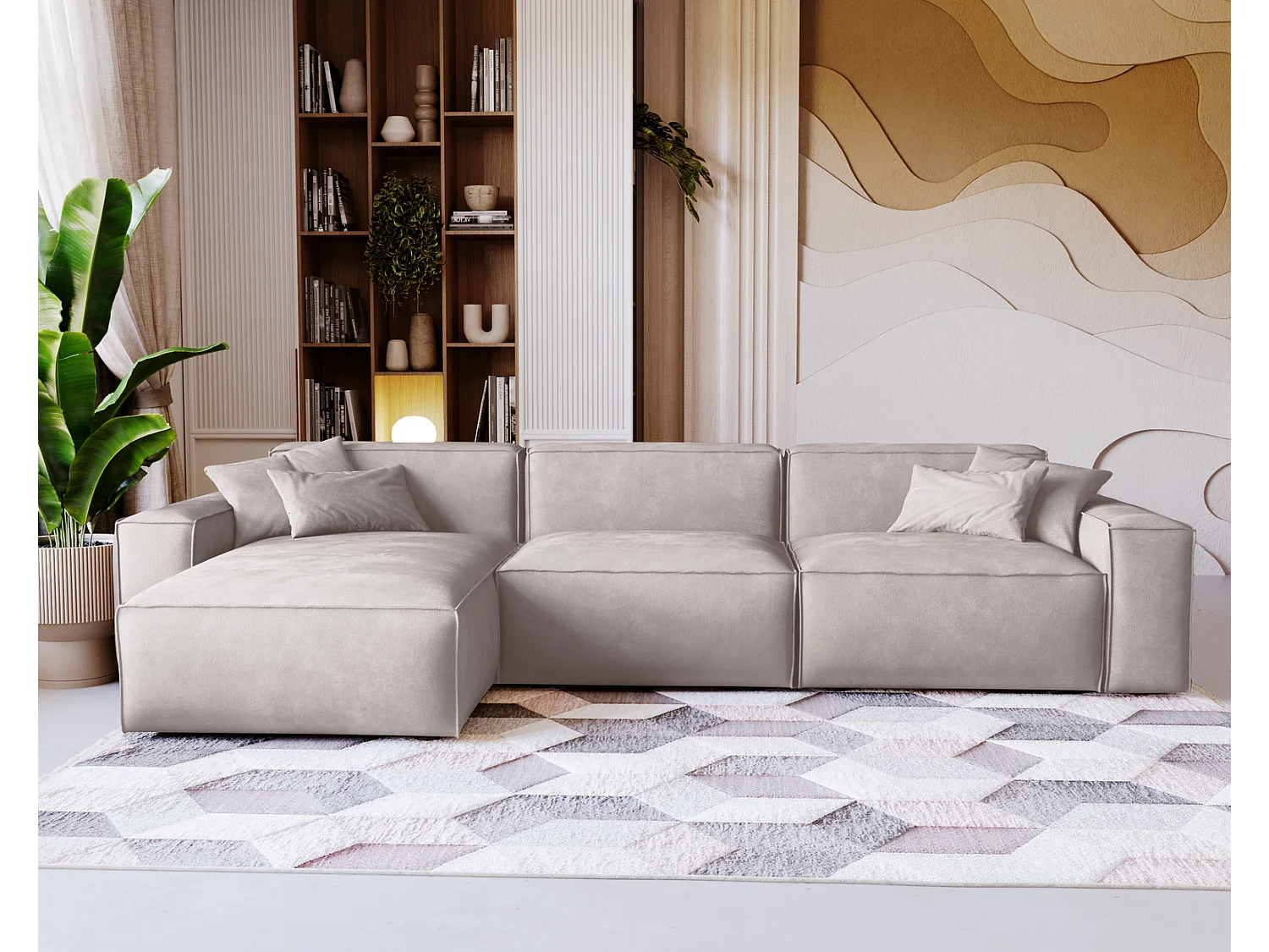 Emporius Figo Gauche Canapé d'angle en Velours, Design, Modern - Canapé d'angle 265x180 cm Gris clair (Whisper 16)