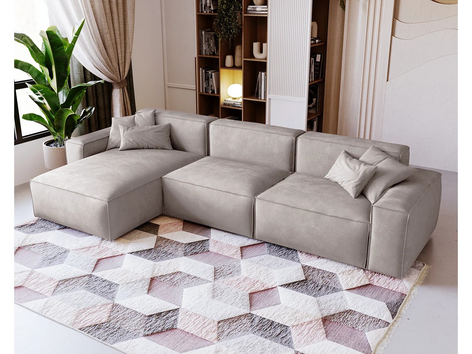 Emporius Figo Gauche Canapé d'angle en Velours, Design, Modern - Canapé d'angle 265x180 cm Gris clair (Whisper 16)