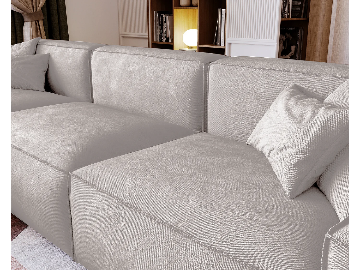 Emporius Figo Gauche Canapé d'angle en Velours, Design, Modern - Canapé d'angle 265x180 cm Gris clair (Whisper 16)