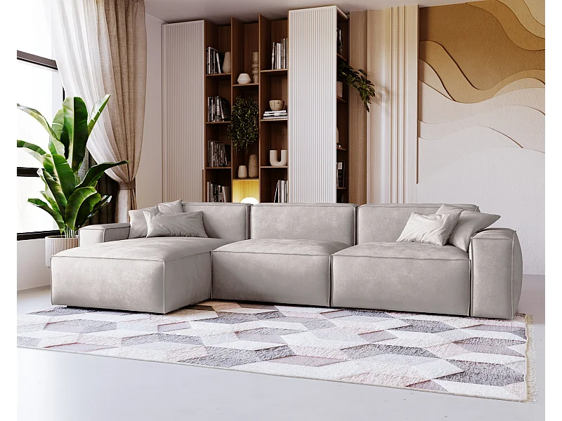 Emporius Figo Gauche Canapé d'angle en Velours, Design, Modern - Canapé d'angle 265x180 cm Gris clair (Whisper 16)