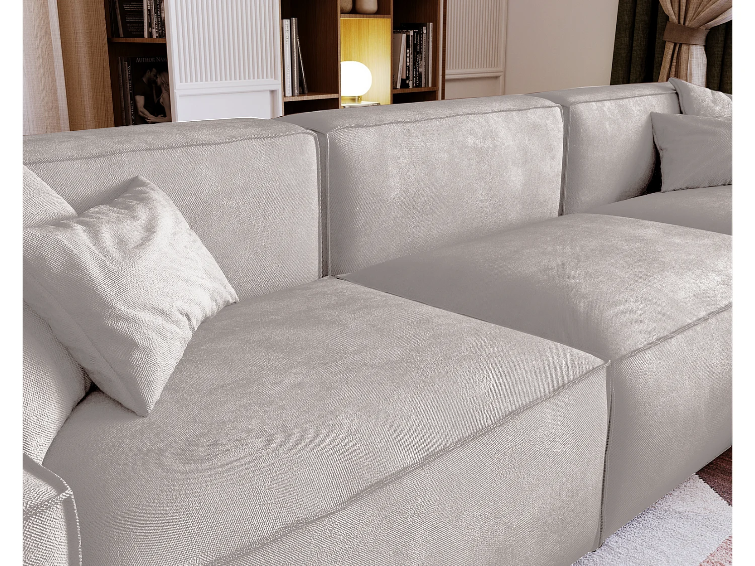 Emporius Figo Droit Canapé d'angle en Velours, Design, Modern - Canapé d'angle 265x180 cm Gris clair (Whisper 16)