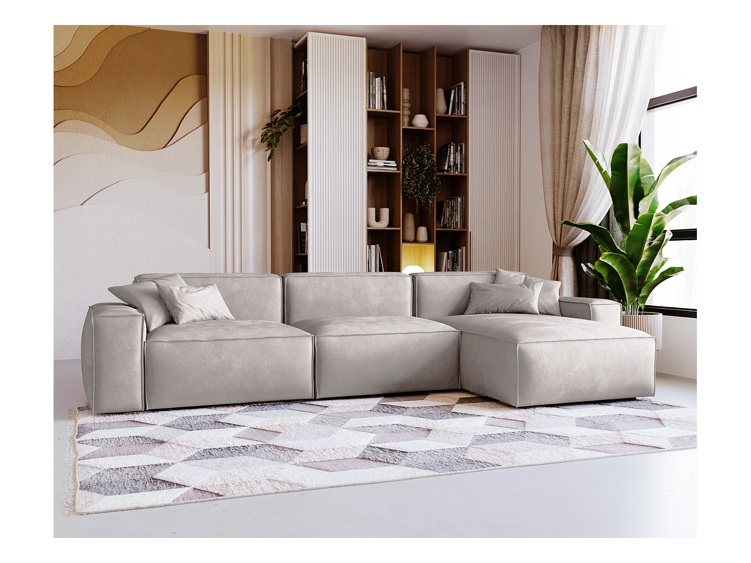 Emporius Figo Droit Canapé d'angle en Velours, Design, Modern - Canapé d'angle 265x180 cm Gris clair (Whisper 16)