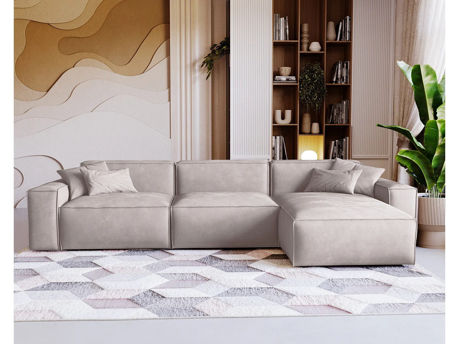 Emporius Figo Droit Canapé d'angle en Velours, Design, Modern - Canapé d'angle 265x180 cm Gris clair (Whisper 16)