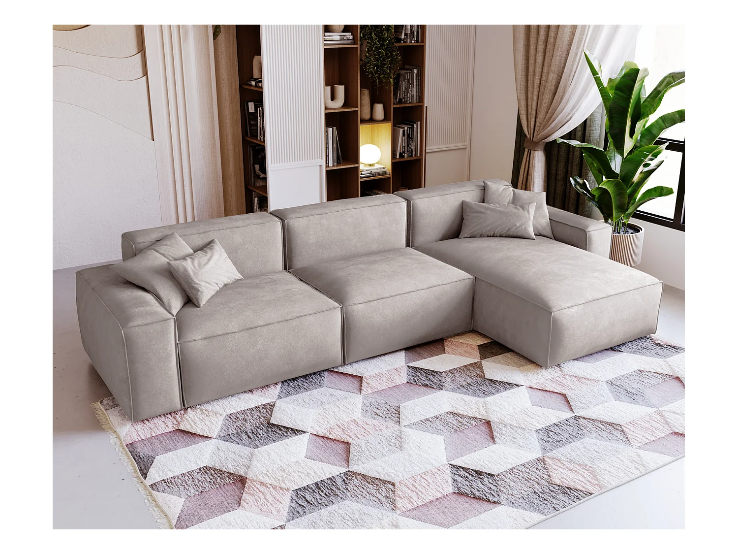 Emporius Figo Droit Canapé d'angle en Velours, Design, Modern - Canapé d'angle 265x180 cm Gris clair (Whisper 16)