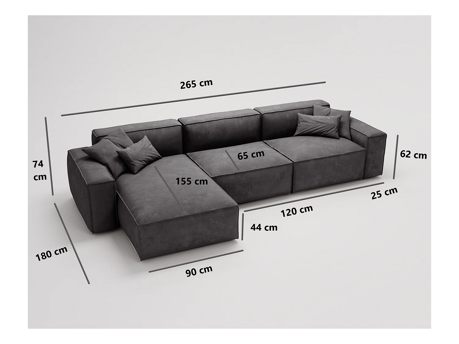 Emporius Figo Droit Canapé d'angle en Velours, Design, Modern - Canapé d'angle 265x180 cm Gris clair (Whisper 16)