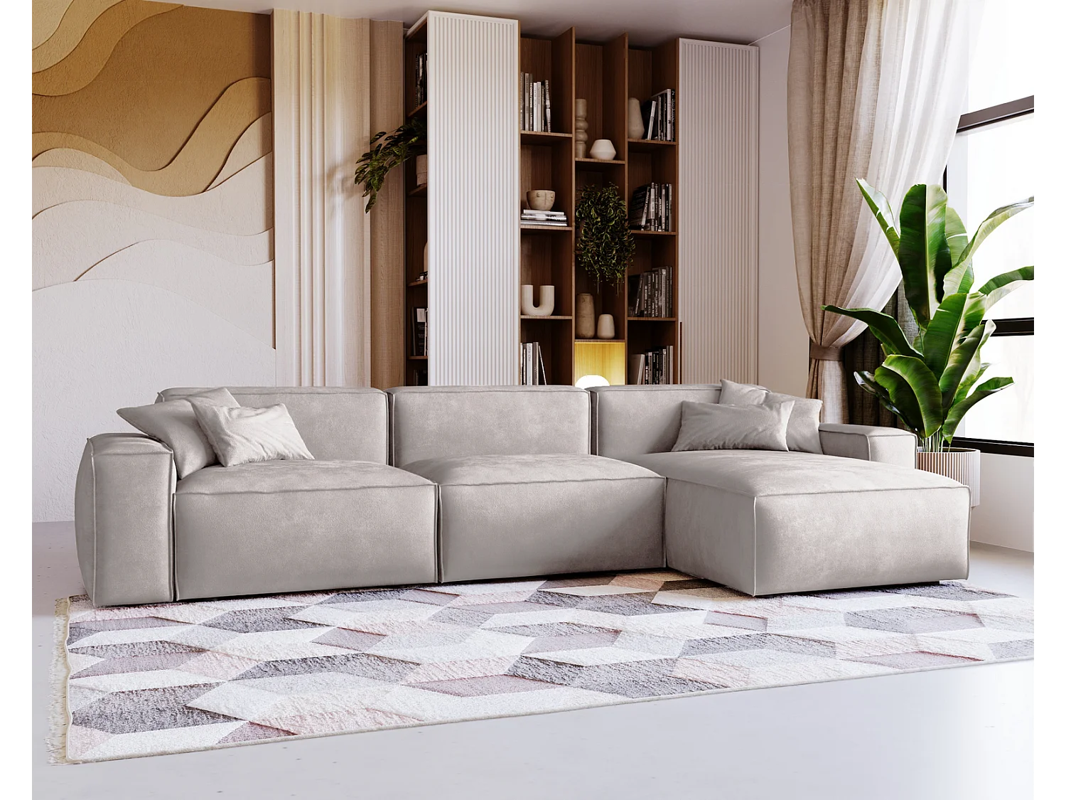 Emporius Figo Droit Canapé d'angle en Velours, Design, Modern - Canapé d'angle 265x180 cm Gris clair (Whisper 16)