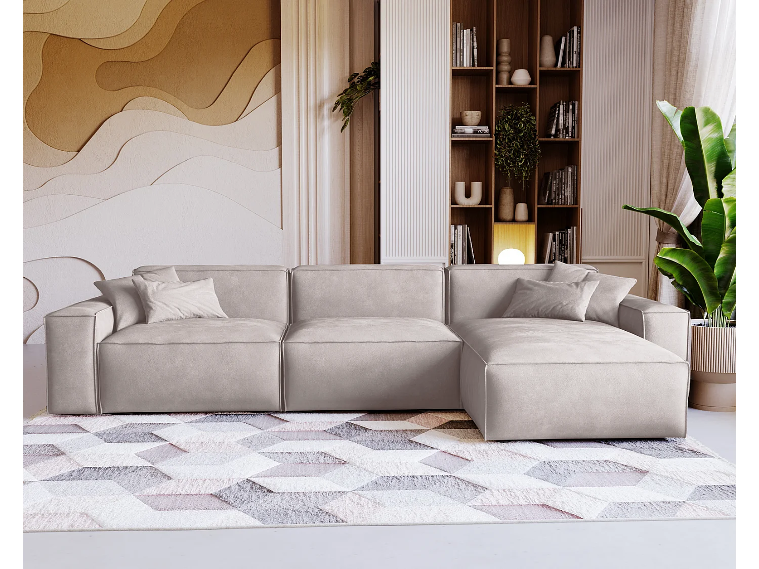 Emporius Figo Droit Canapé d'angle en Velours, Design, Modern - Canapé d'angle 265x180 cm Gris clair (Whisper 16)