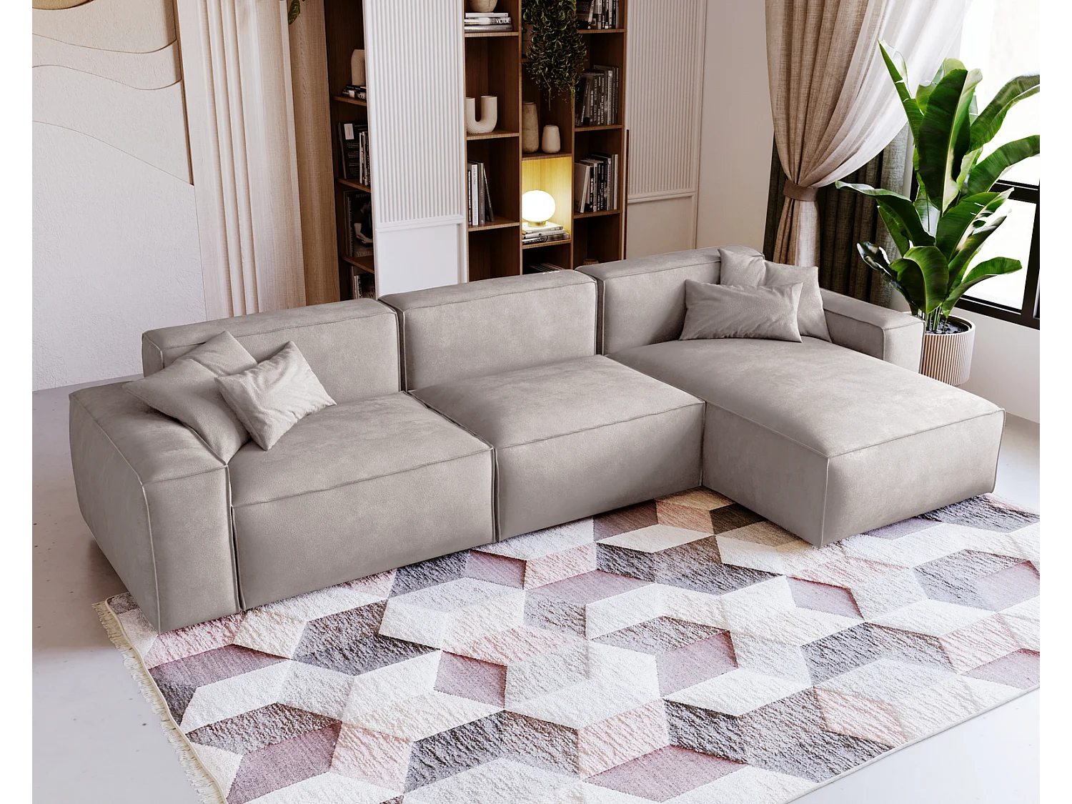 Emporius Figo Droit Canapé d'angle en Velours, Design, Modern - Canapé d'angle 265x180 cm Gris clair (Whisper 16)