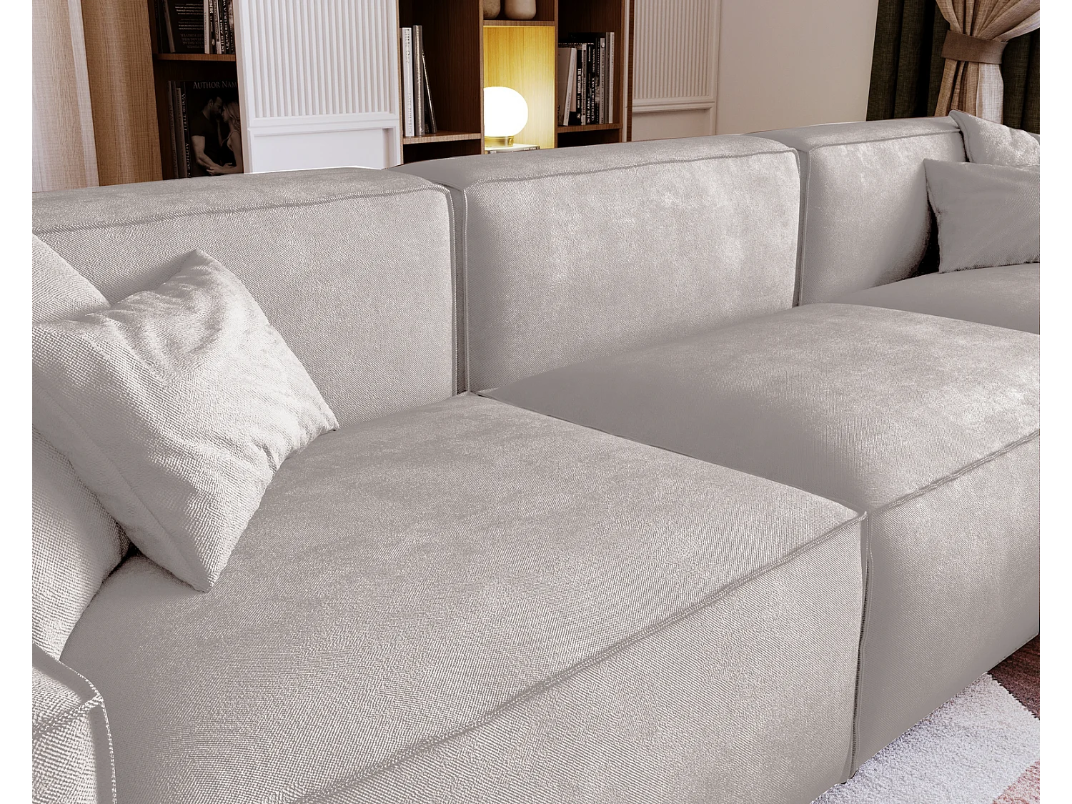 Emporius Figo Droit Canapé d'angle en Velours, Design, Modern - Canapé d'angle 265x180 cm Gris clair (Whisper 16)