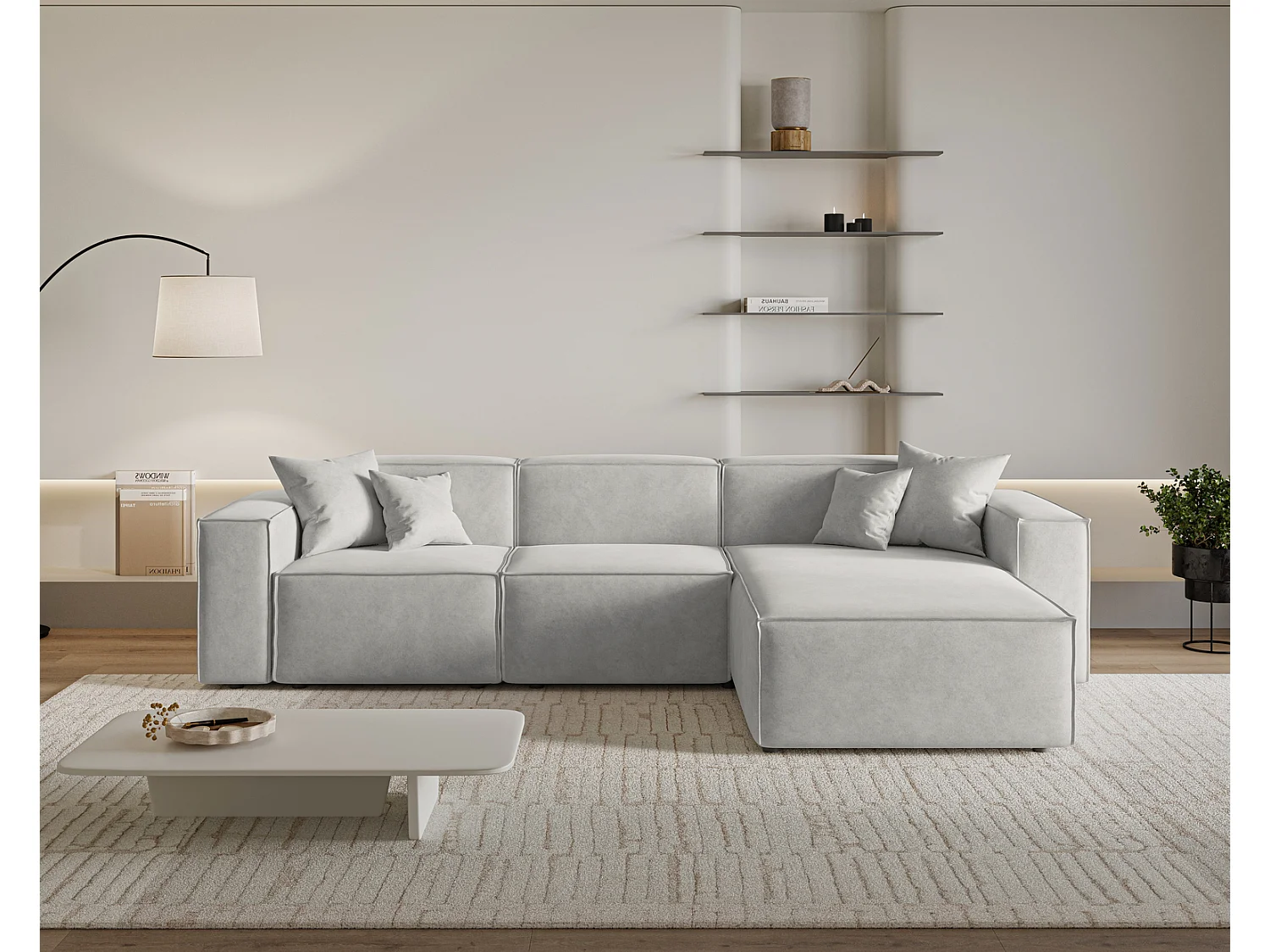Canapé d'angle Figo, 265x180 cm, design moderne, droit, gris clair