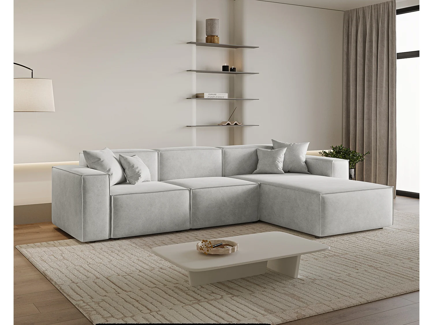 Canapé d'angle Figo, 265x180 cm, design moderne, droit, gris clair