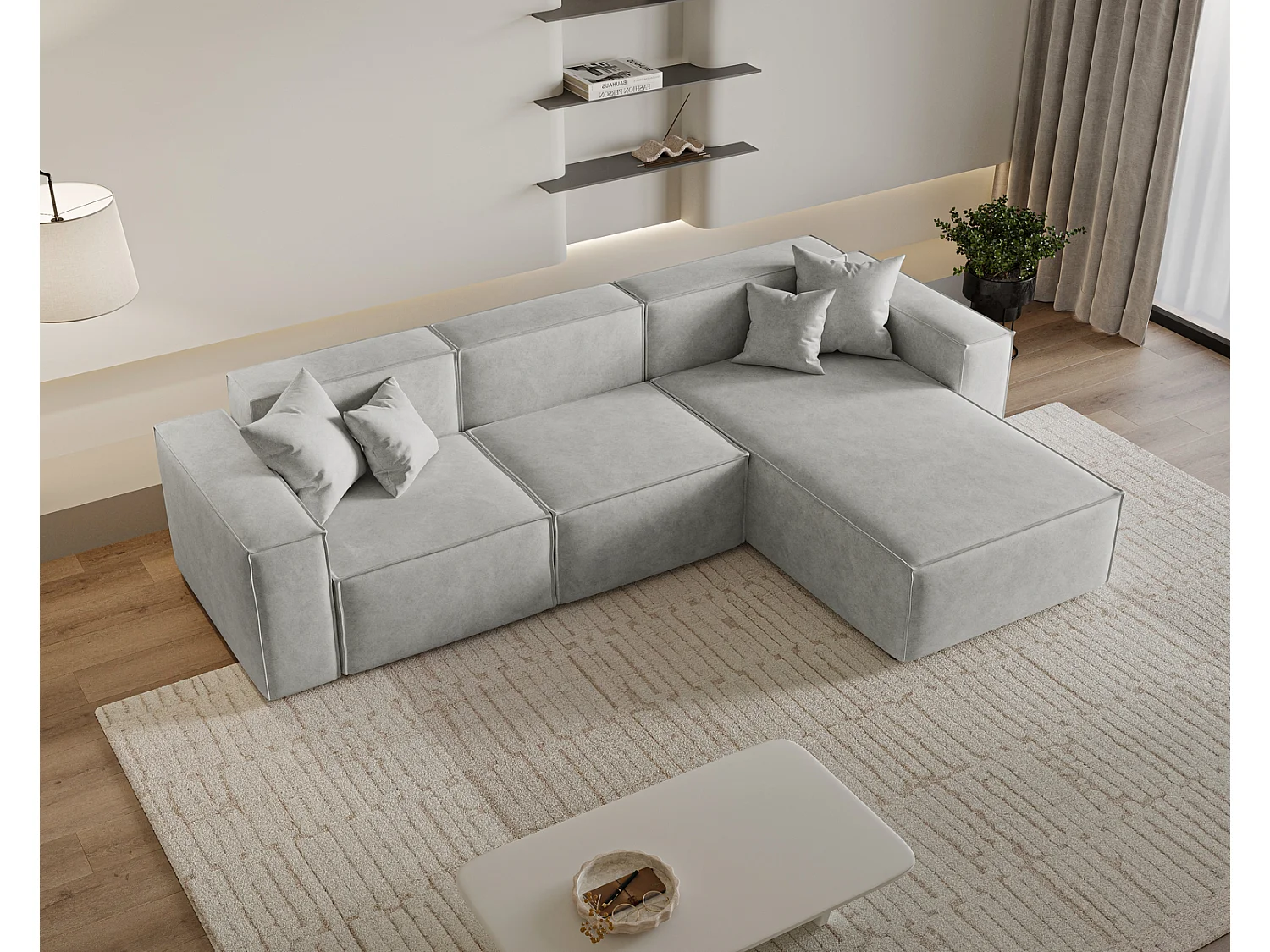 Canapé d'angle Figo, 265x180 cm, design moderne, droit, gris clair