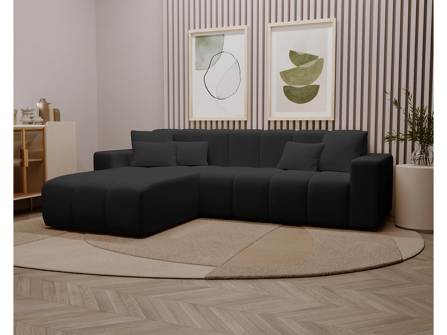 Emporius Miral narożnik w kształcie L - sofa do salonu bez funkcji spania i bez pojemnika - nowoczesny styl, lewostronny, tkanina aksamitna, czarny (Komodo 23)