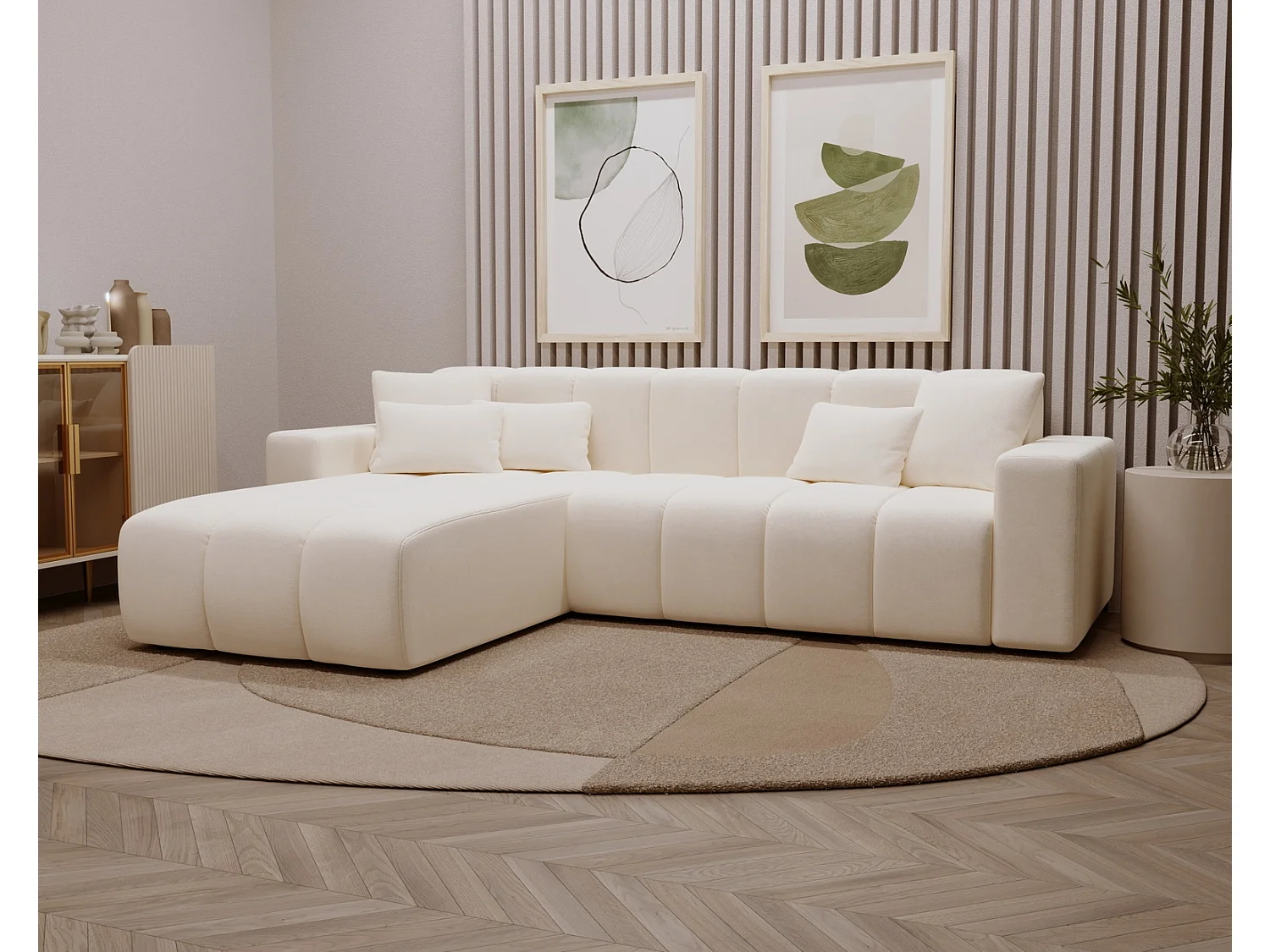 Emporius Miral narożnik w kształcie L - sofa do salonu bez funkcji spania i bez pojemnika - nowoczesny styl, lewostronny, tkanina aksamitna, kremowy (Komodo 10)