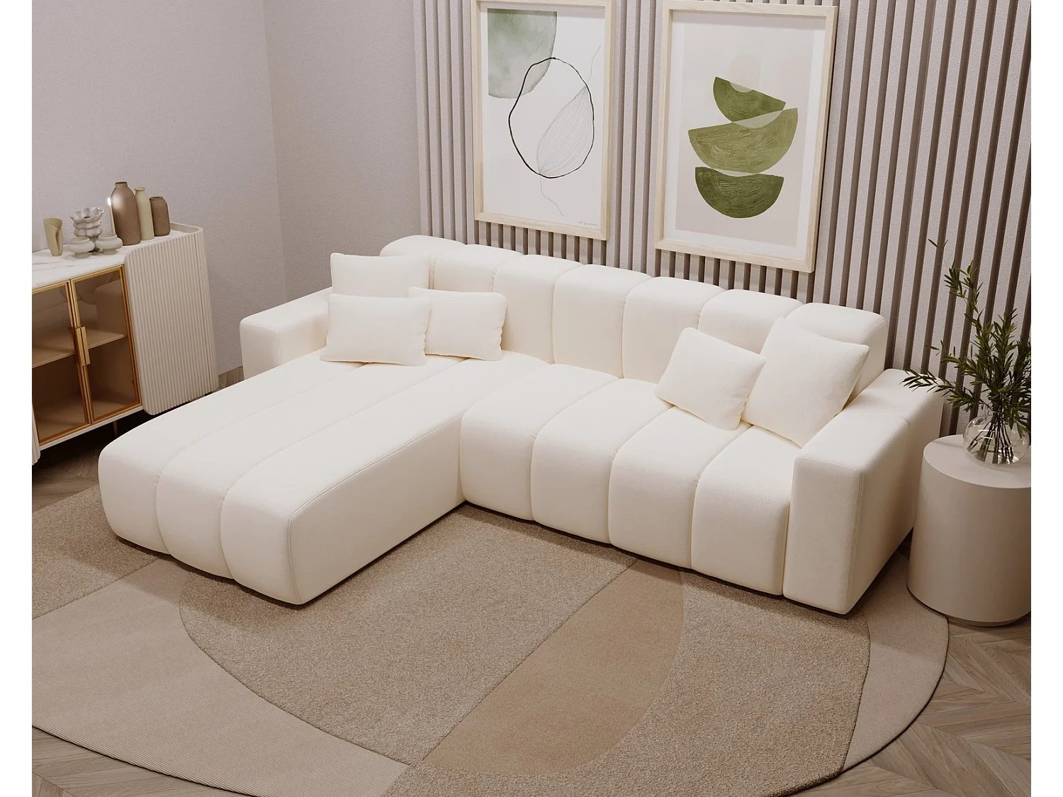 Emporius Miral narożnik w kształcie L - sofa do salonu bez funkcji spania i bez pojemnika - nowoczesny styl, lewostronny, tkanina aksamitna, kremowy (Komodo 10)