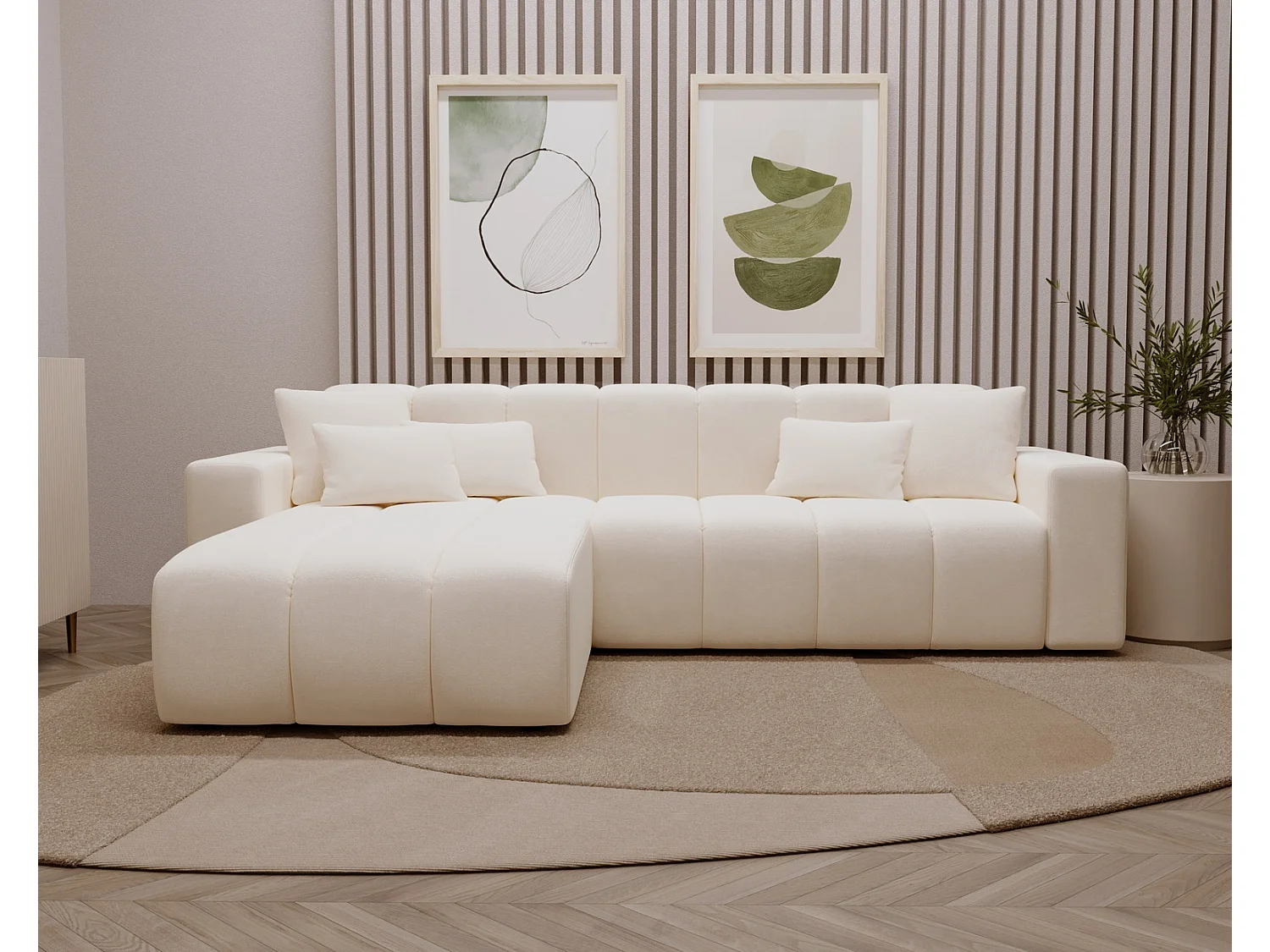 Emporius Miral narożnik w kształcie L - sofa do salonu bez funkcji spania i bez pojemnika - nowoczesny styl, lewostronny, tkanina aksamitna, kremowy (Komodo 10)