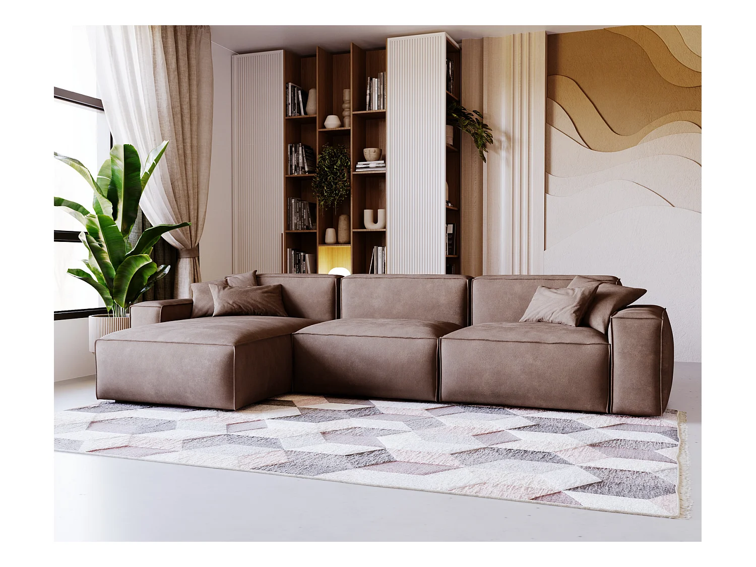 Emporius Figo Gauche Canapé d'angle en Velours, Design, Modern - Canapé d'angle 265x180 cm Brun (Whisper 5)