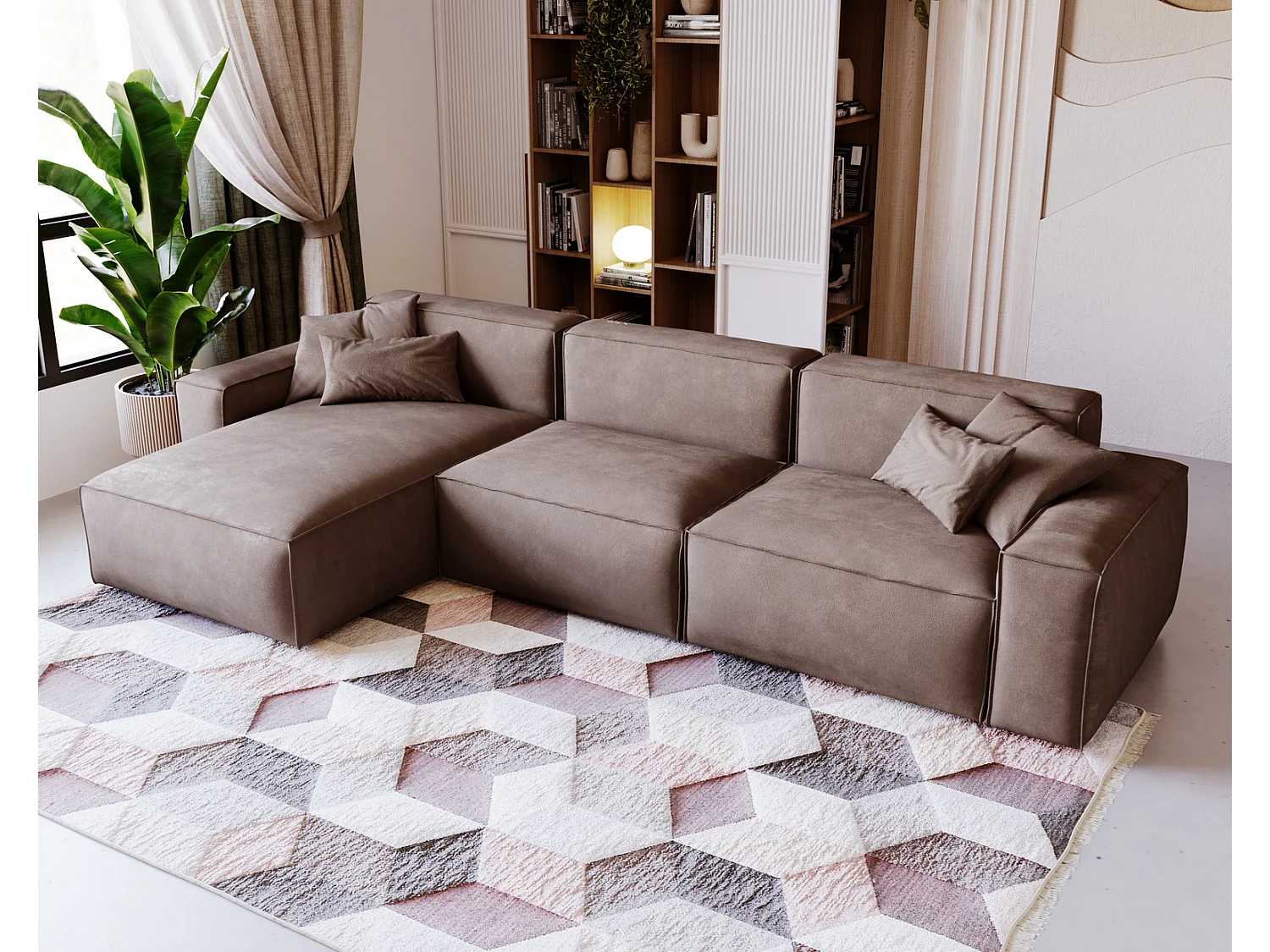 Emporius Figo Gauche Canapé d'angle en Velours, Design, Modern - Canapé d'angle 265x180 cm Brun (Whisper 5)