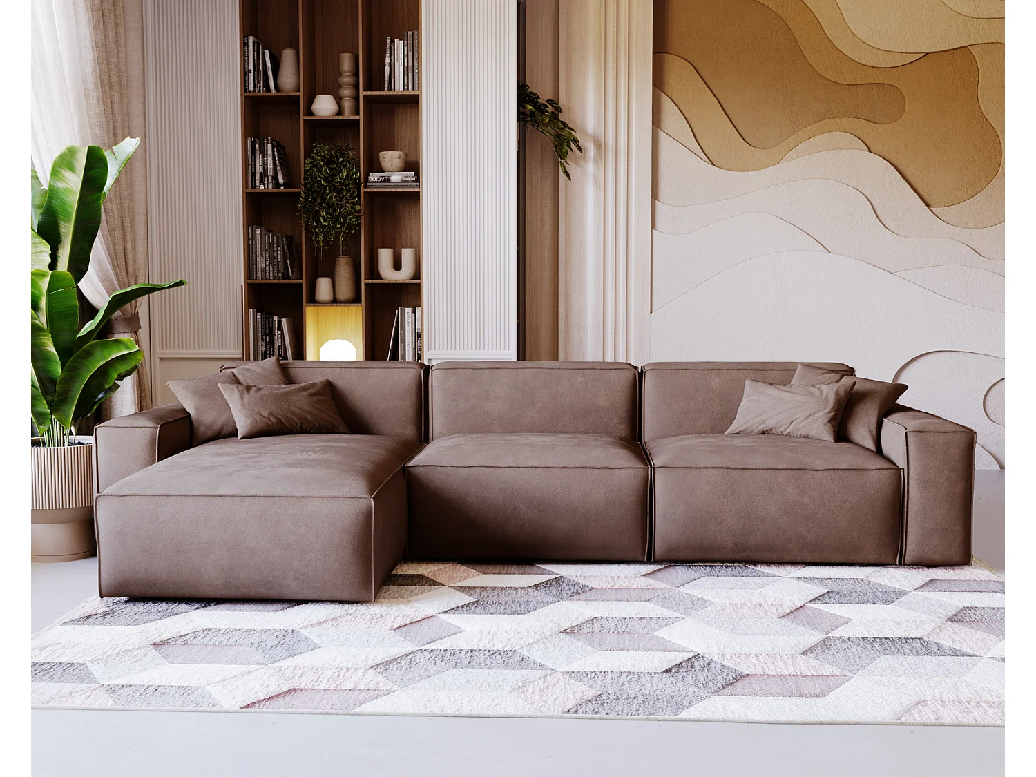 Emporius Figo Gauche Canapé d'angle en Velours, Design, Modern - Canapé d'angle 265x180 cm Brun (Whisper 5)