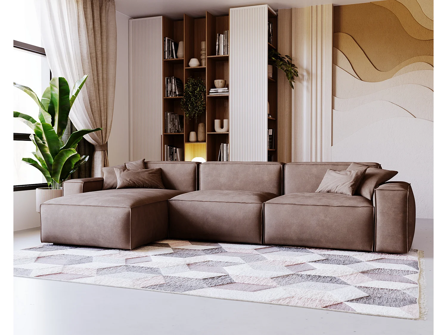 Emporius Figo links Hoekbank 265x180 cm, hoekbank in L-vorm, bank voor woonkamer bruin (Whisper 5)