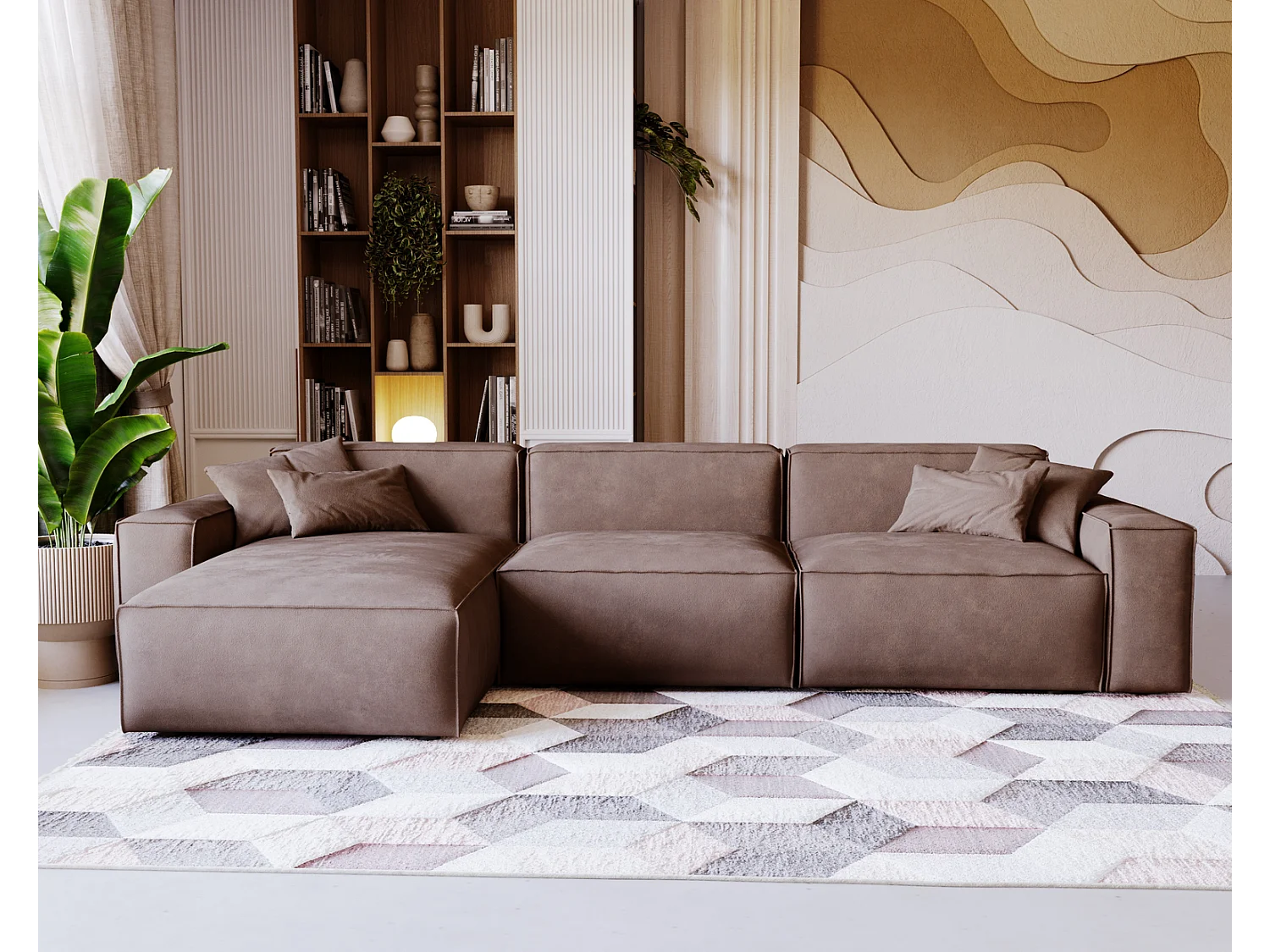 Emporius Figo links Hoekbank 265x180 cm, hoekbank in L-vorm, bank voor woonkamer bruin (Whisper 5)