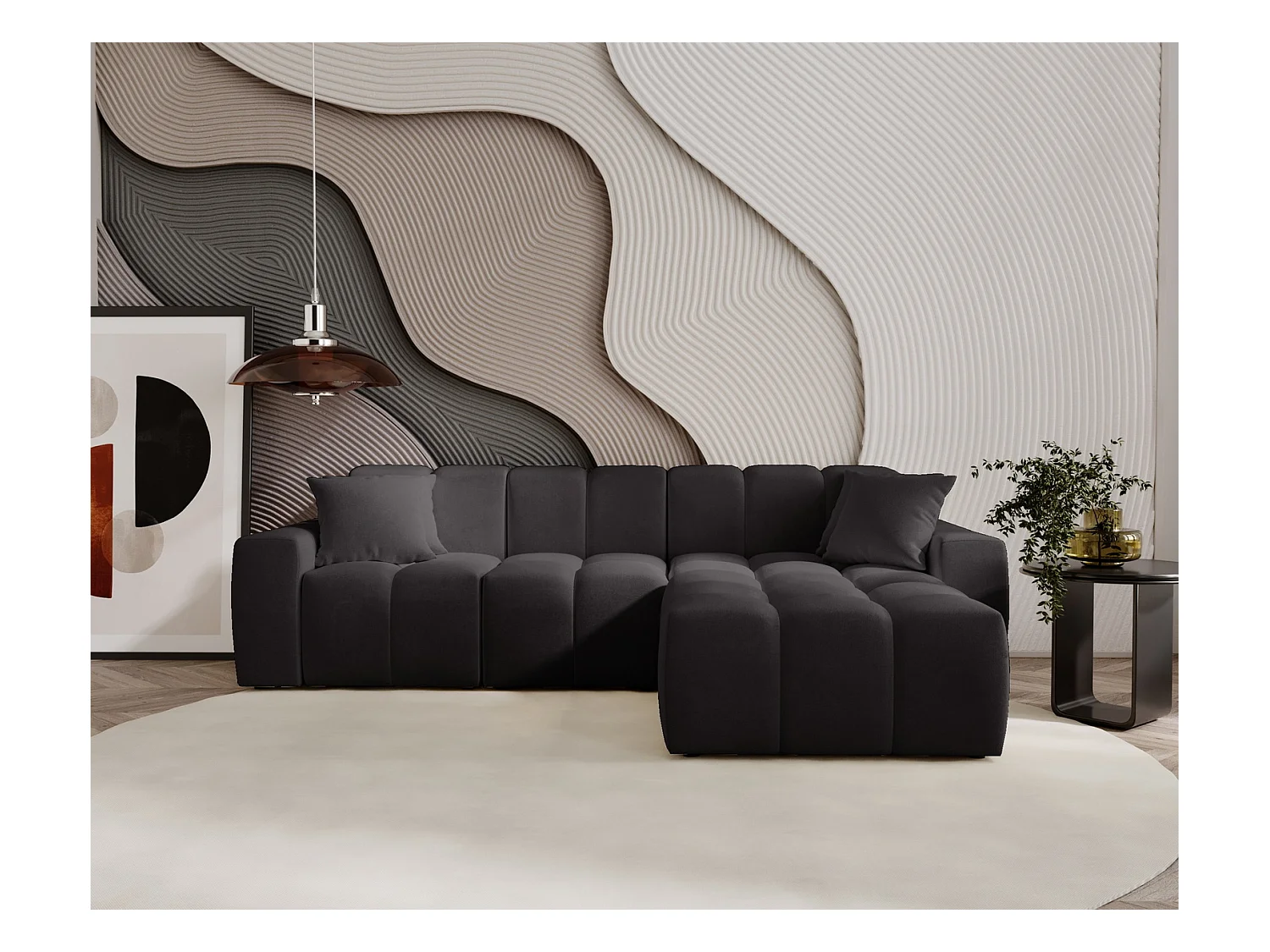 Emporius Napoli Droit Canapé d'angle, Canapé  4 Places, Canapé d'angle 265x180 cm Noir (Komodo 23)