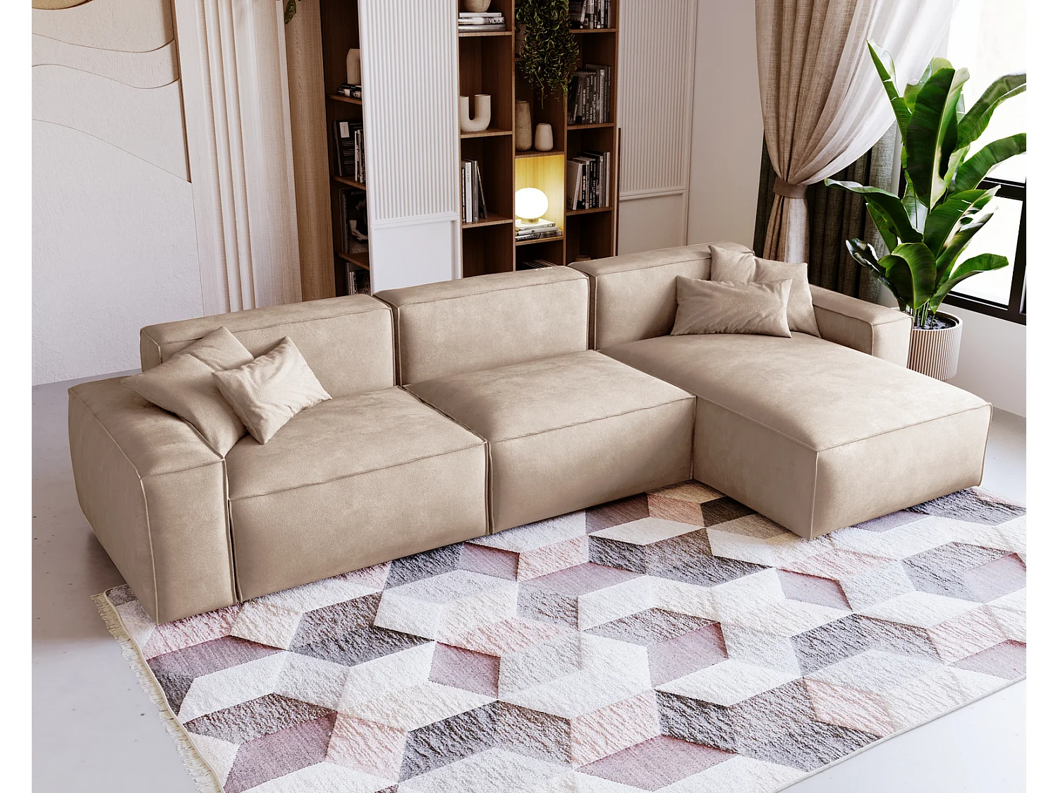 Emporius Figo Droit Canapé d'angle en Velours, Design, Modern - Canapé d'angle 265x180 cm Beige (Whisper 2)