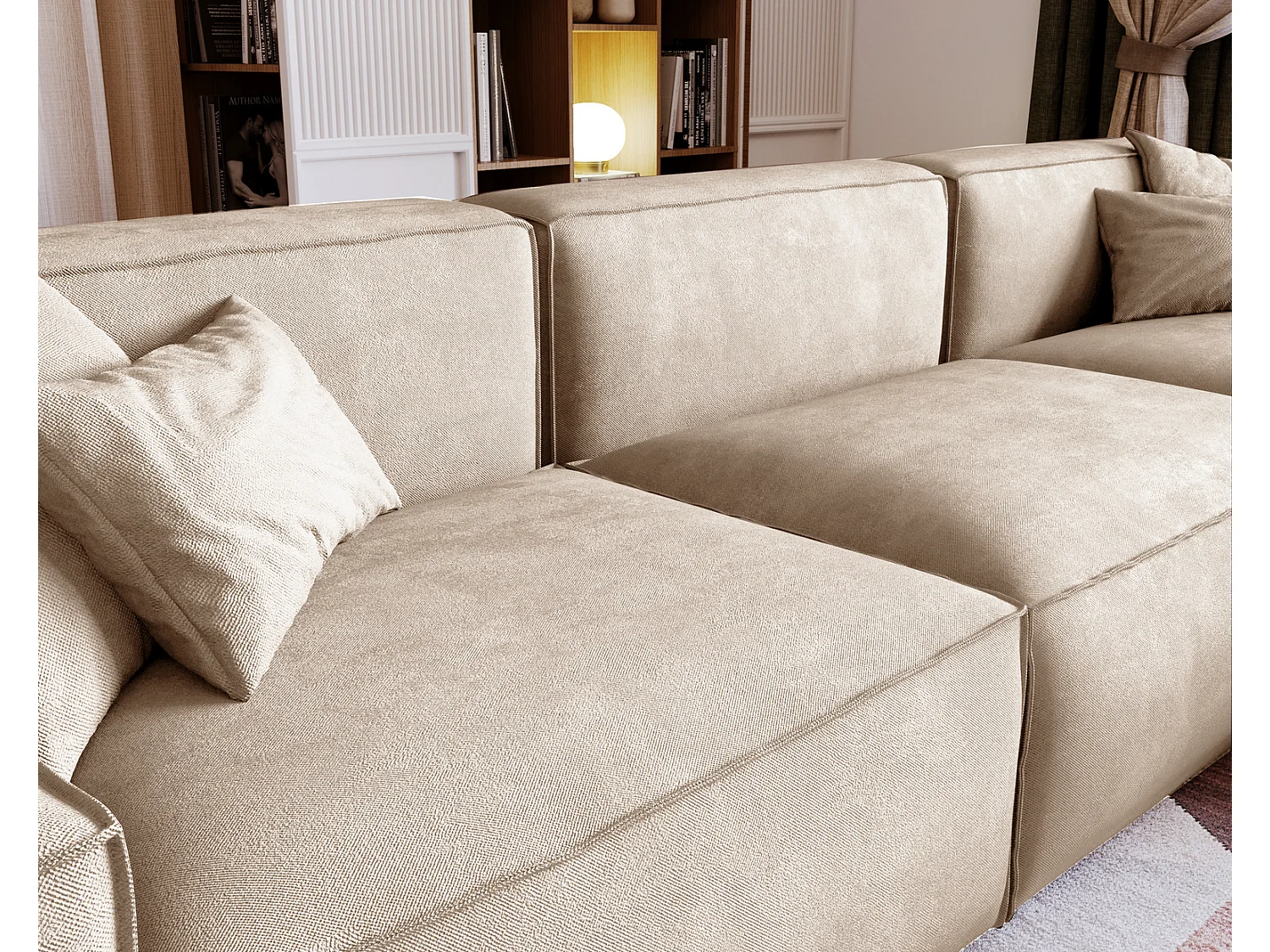 Emporius Figo Droit Canapé d'angle en Velours, Design, Modern - Canapé d'angle 265x180 cm Beige (Whisper 2)