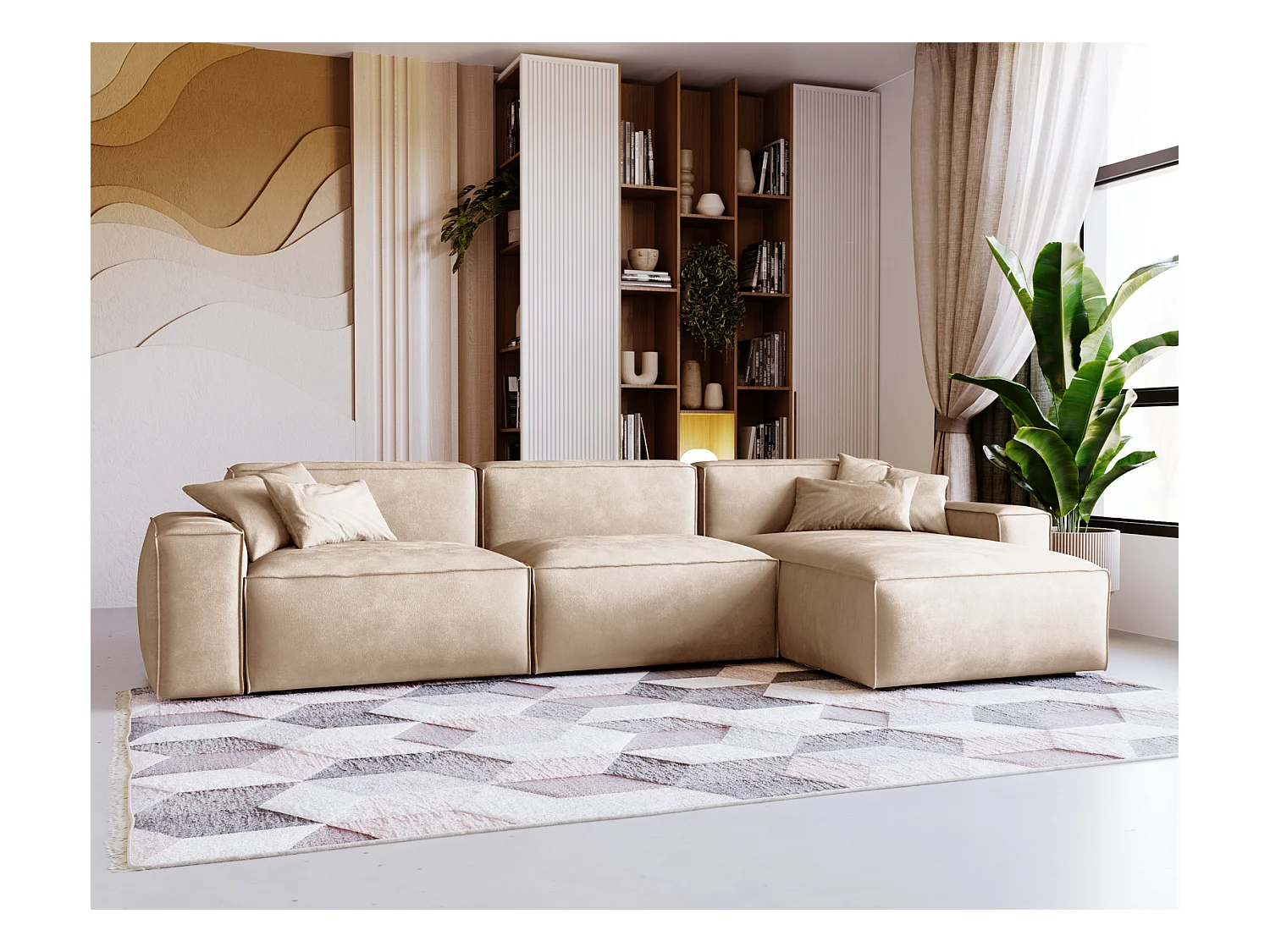 Emporius Figo Droit Canapé d'angle en Velours, Design, Modern - Canapé d'angle 265x180 cm Beige (Whisper 2)