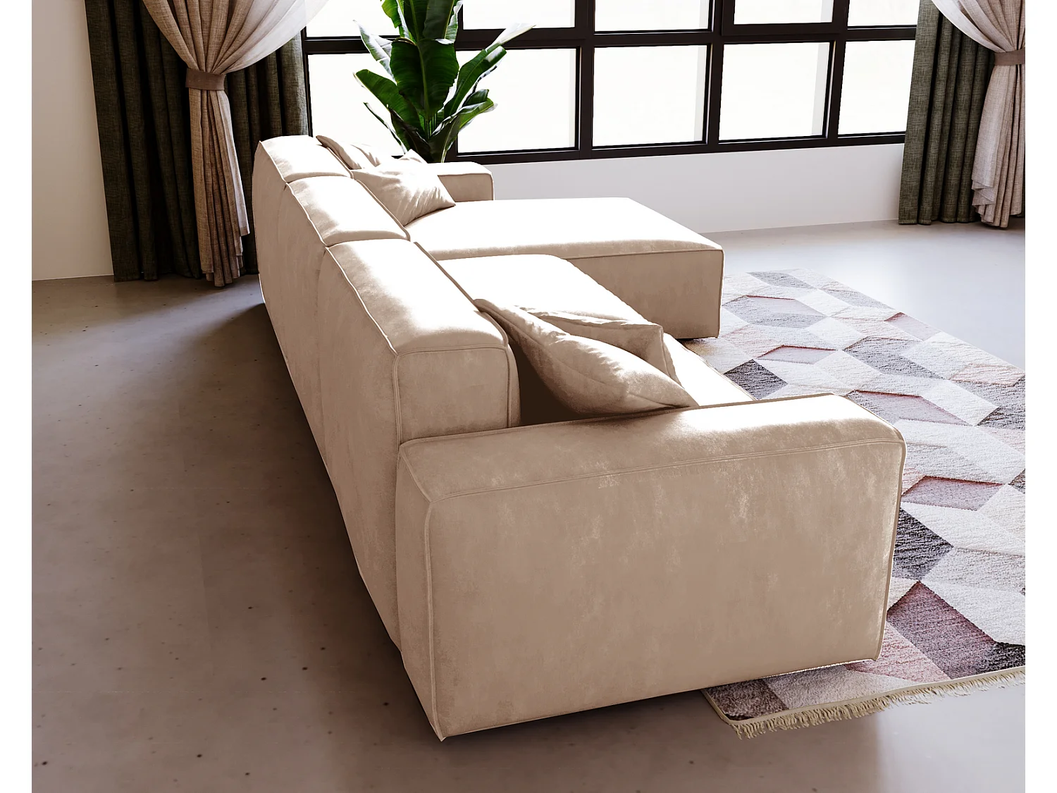 Emporius Figo Droit Canapé d'angle en Velours, Design, Modern - Canapé d'angle 265x180 cm Beige (Whisper 2)