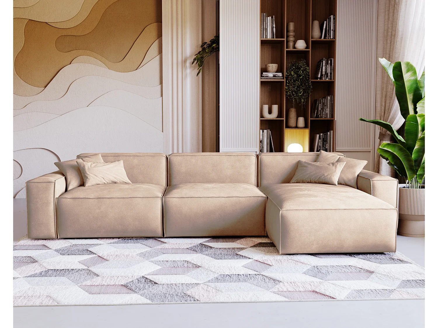 Emporius Figo Droit Canapé d'angle en Velours, Design, Modern - Canapé d'angle 265x180 cm Beige (Whisper 2)