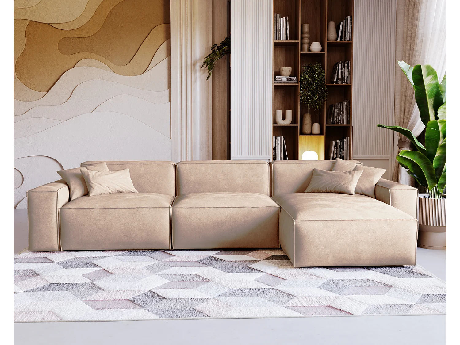 Emporius Figo Droit Canapé d'angle en Velours, Design, Modern - Canapé d'angle 265x180 cm Beige (Whisper 2)