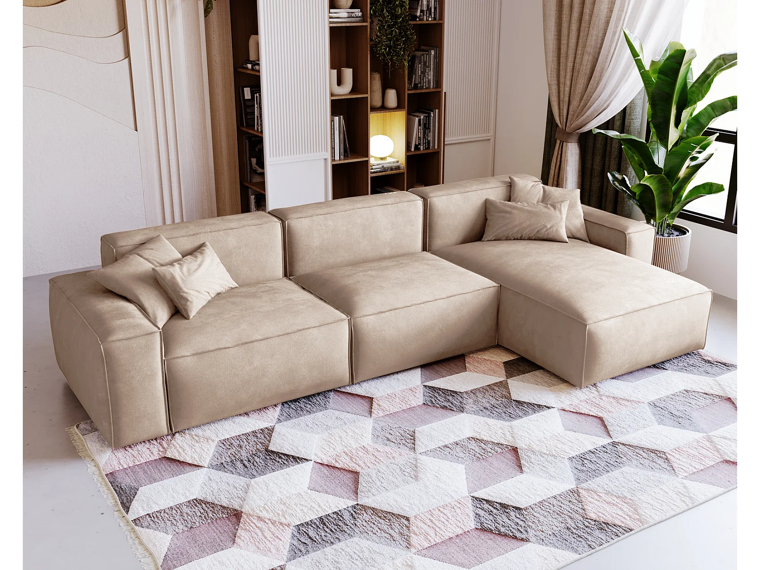 Emporius Figo Droit Canapé d'angle en Velours, Design, Modern - Canapé d'angle 265x180 cm Beige (Whisper 2)