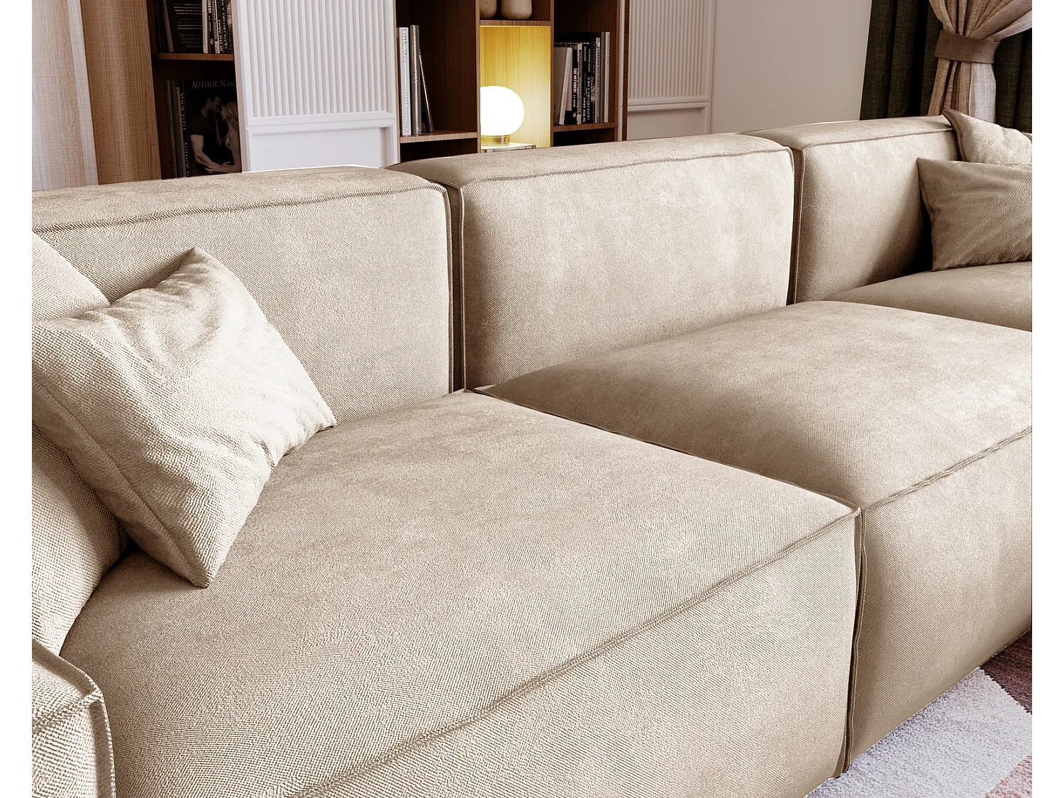 Emporius Figo Droit Canapé d'angle en Velours, Design, Modern - Canapé d'angle 265x180 cm Beige (Whisper 2)