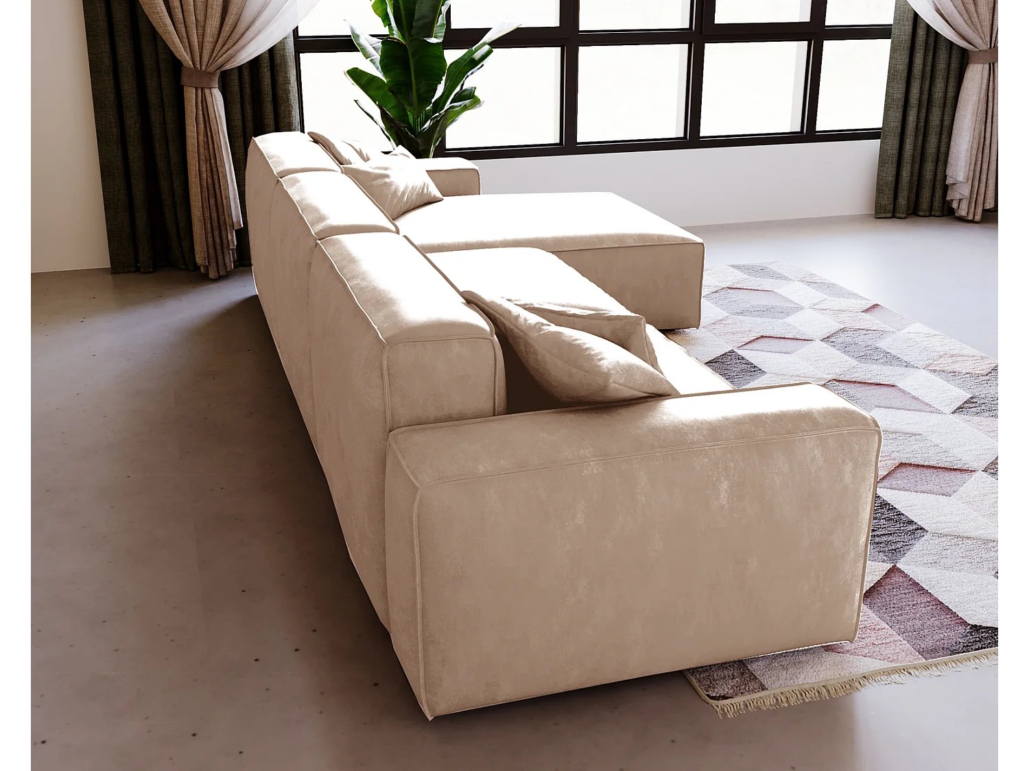 Emporius Figo Droit Canapé d'angle en Velours, Design, Modern - Canapé d'angle 265x180 cm Beige (Whisper 2)