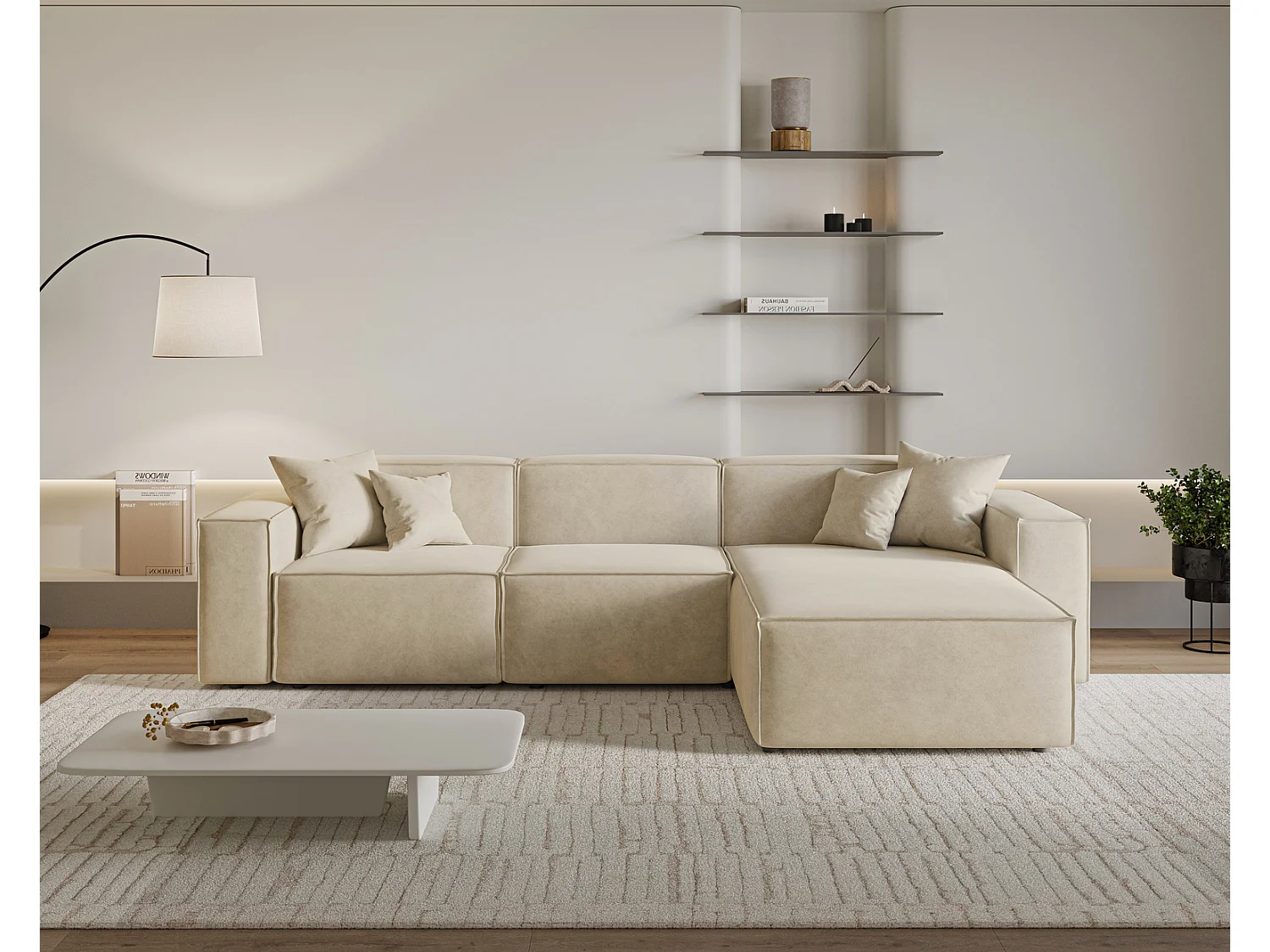 Canapé d'angle Figo, 265x180 cm, design moderne, droit, beige