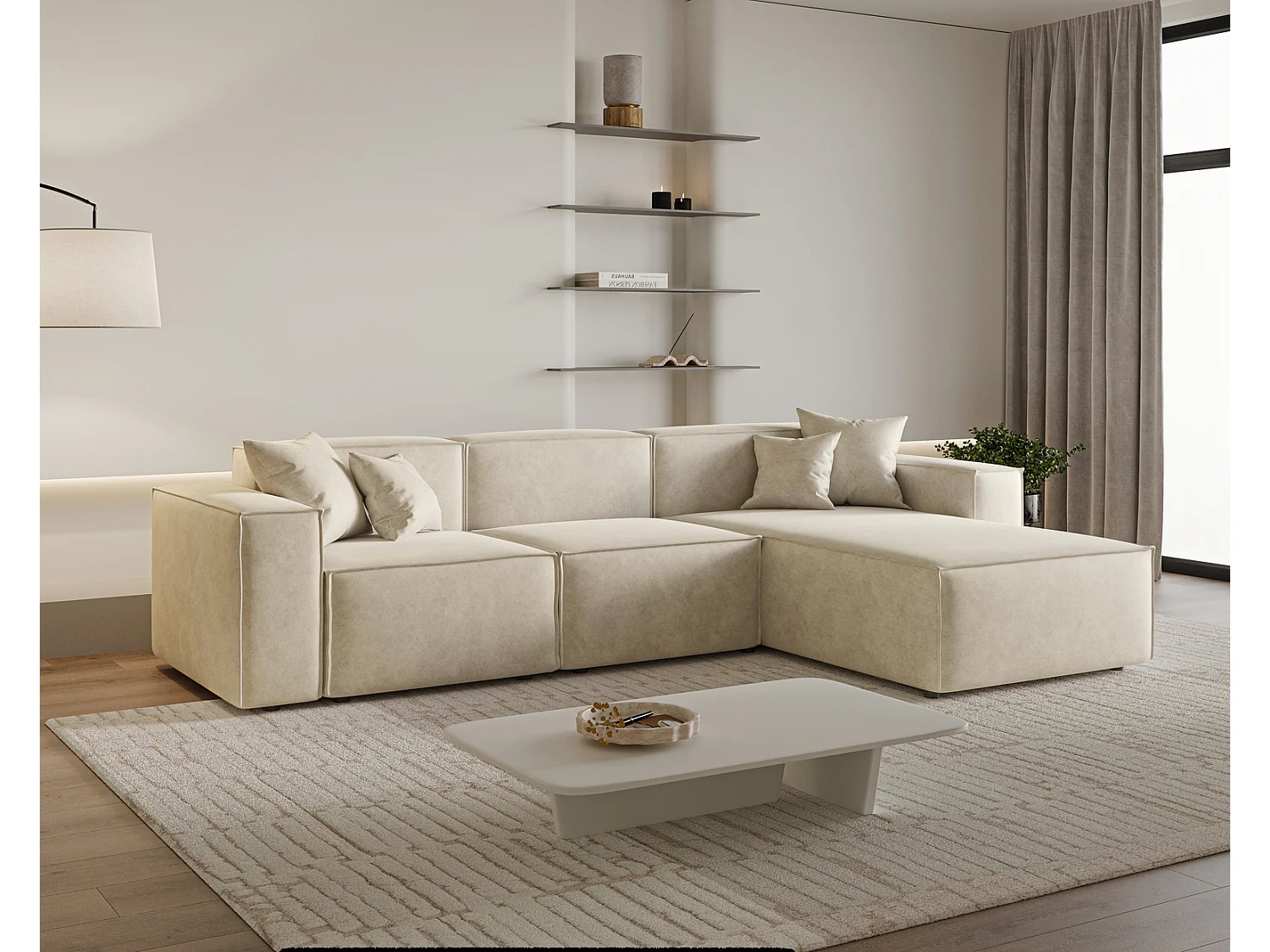 Canapé d'angle Figo, 265x180 cm, design moderne, droit, beige