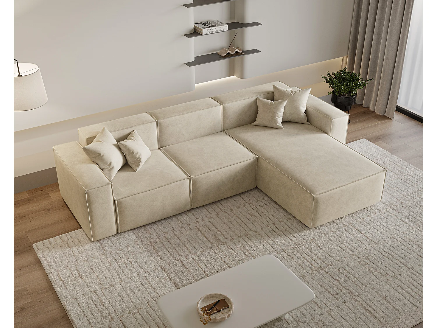 Canapé d'angle Figo, 265x180 cm, design moderne, droit, beige