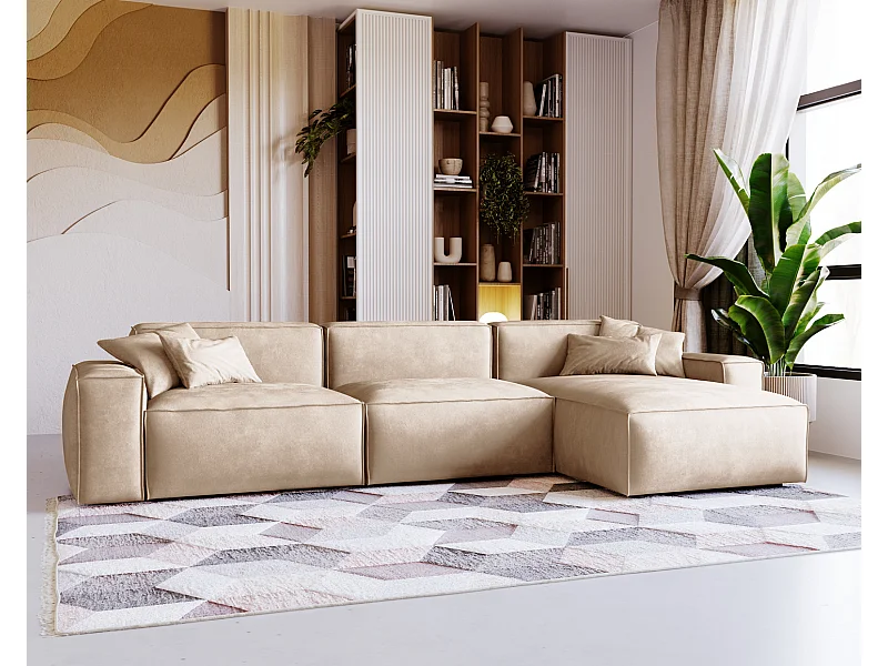 Emporius Figo Droit Canapé d'angle en Velours, Design, Modern - Canapé d'angle 265x180 cm Beige (Whisper 2)