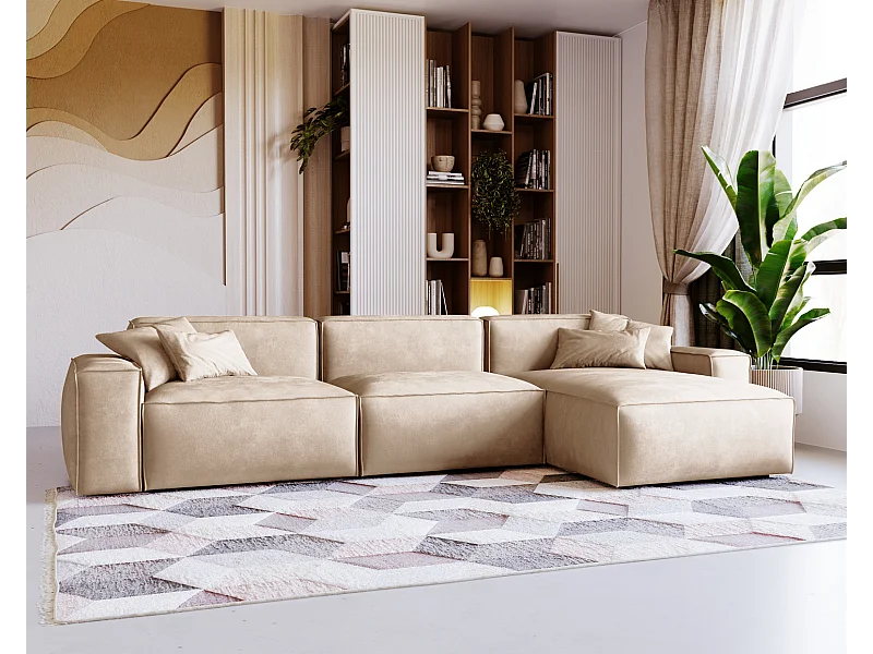 Emporius Figo Droit Canapé d'angle en Velours, Design, Modern - Canapé d'angle 265x180 cm Beige (Whisper 2)