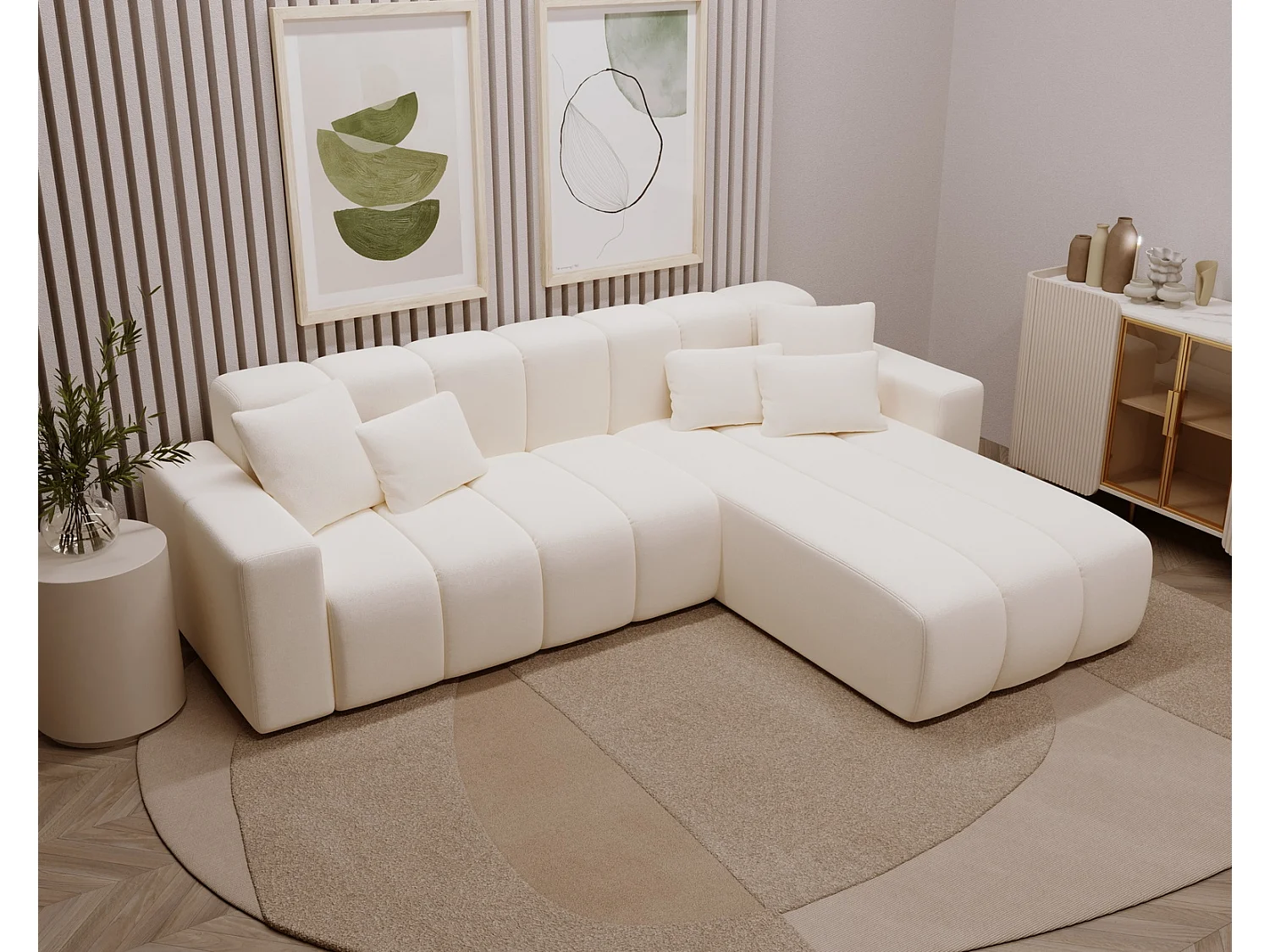 Emporius Miral narożnik w kształcie L - sofa do salonu bez funkcji spania i bez pojemnika - nowoczesny styl, prawostronny, tkanina aksamitna, kremowy (Komodo 10)