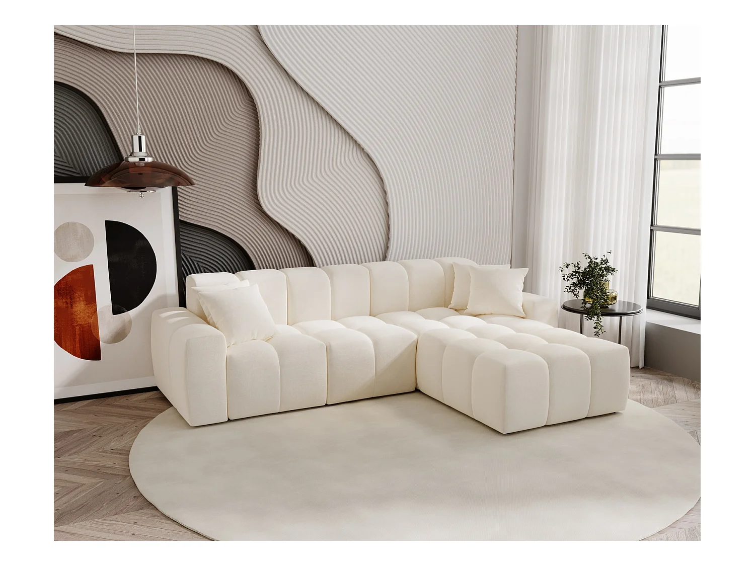 Emporius Napoli Droit Canapé d'angle, Canapé  4 Places, Canapé d'angle 265x180 cm Crème (Komodo 10)