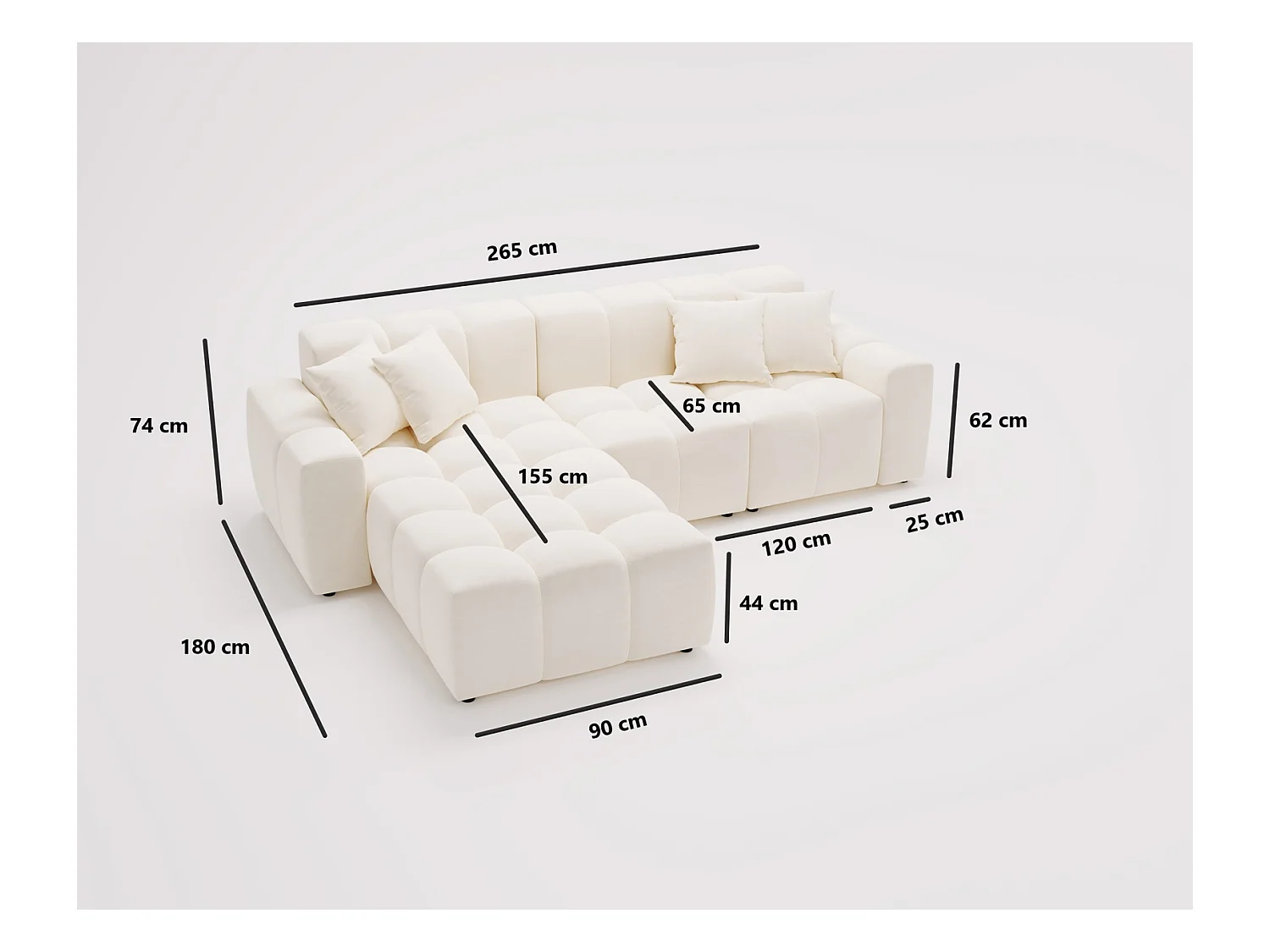 Emporius Napoli Droit Canapé d'angle, Canapé  4 Places, Canapé d'angle 265x180 cm Crème (Komodo 10)