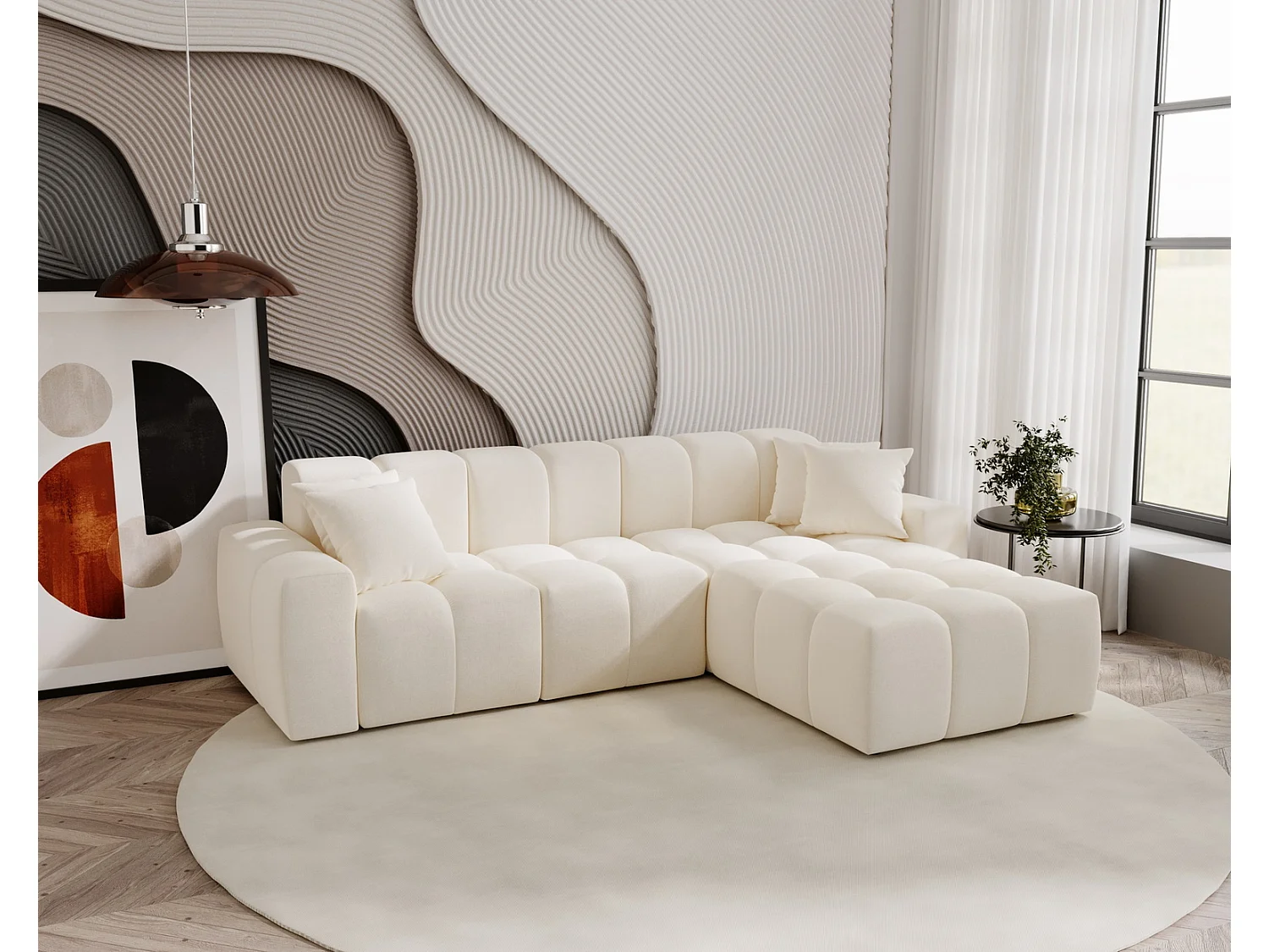 Emporius Napoli Droit Canapé d'angle, Canapé  4 Places, Canapé d'angle 265x180 cm Crème (Komodo 10)