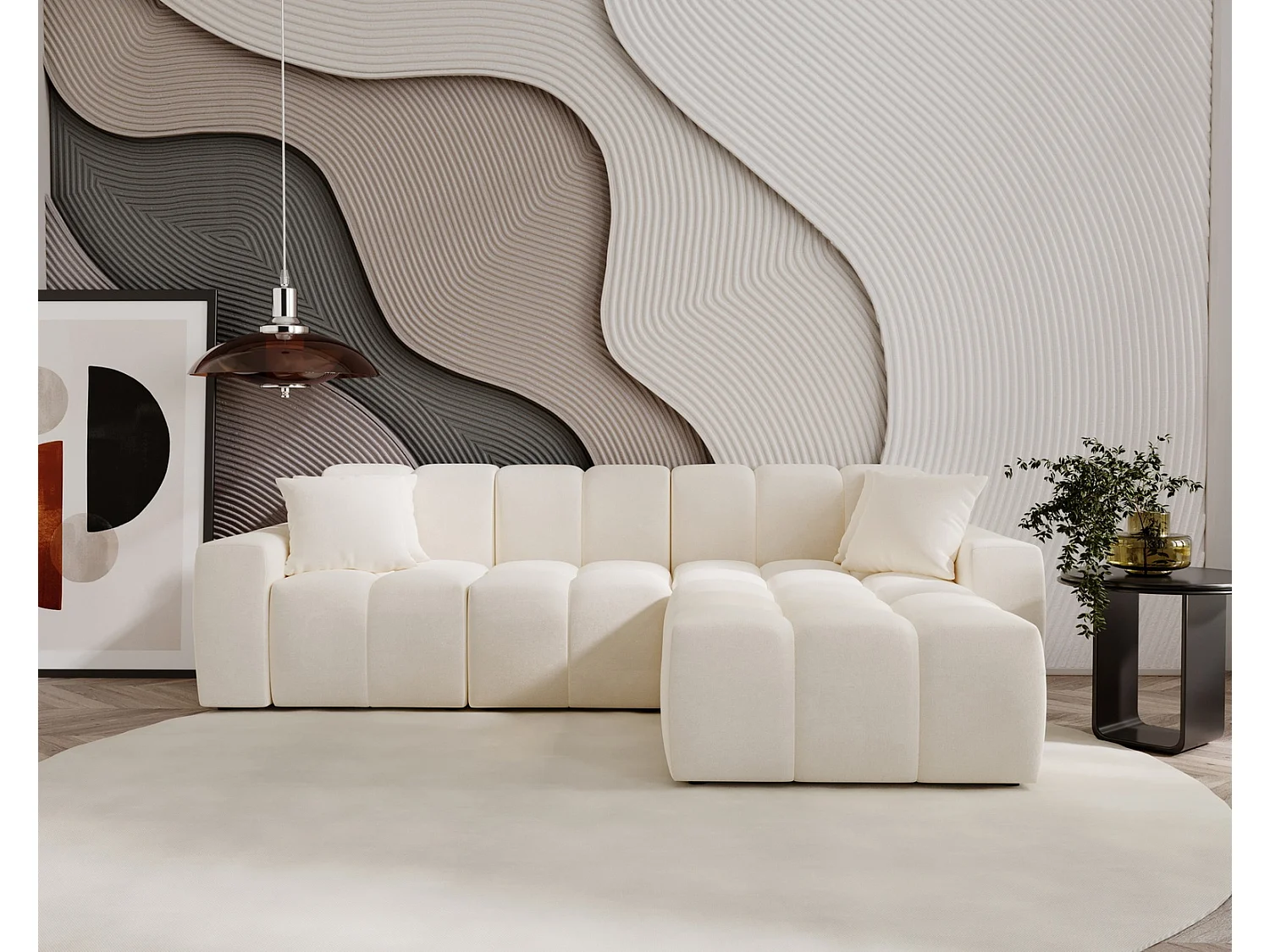 Emporius Napoli Droit Canapé d'angle, Canapé  4 Places, Canapé d'angle 265x180 cm Crème (Komodo 10)