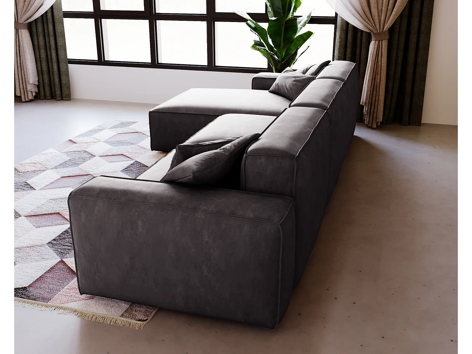 Emporius Figo Gauche Canapé d'angle en Velours, Design, Modern - Canapé d'angle 265x180 cm Gris foncé (Whisper 15)