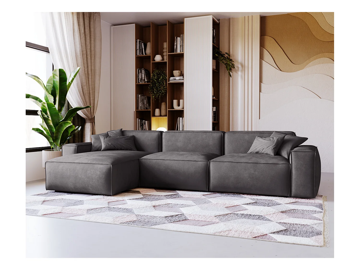 Emporius Figo Gauche Canapé d'angle en Velours, Design, Modern - Canapé d'angle 265x180 cm Gris foncé (Whisper 15)
