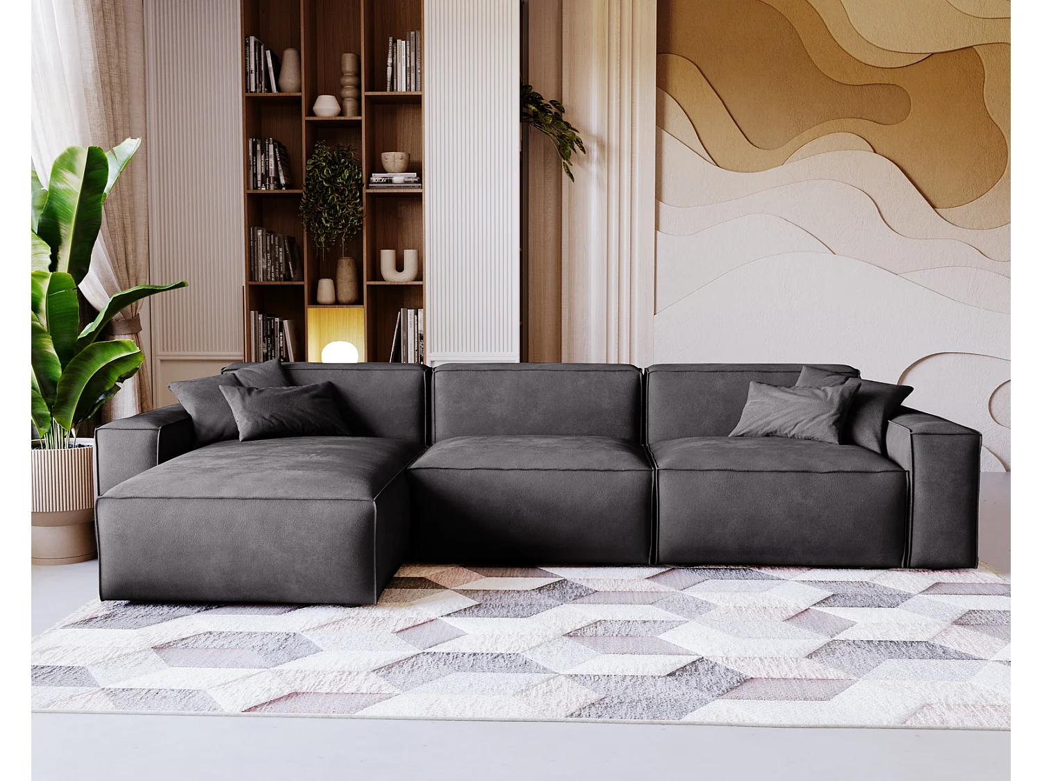 Emporius Figo Gauche Canapé d'angle en Velours, Design, Modern - Canapé d'angle 265x180 cm Gris foncé (Whisper 15)