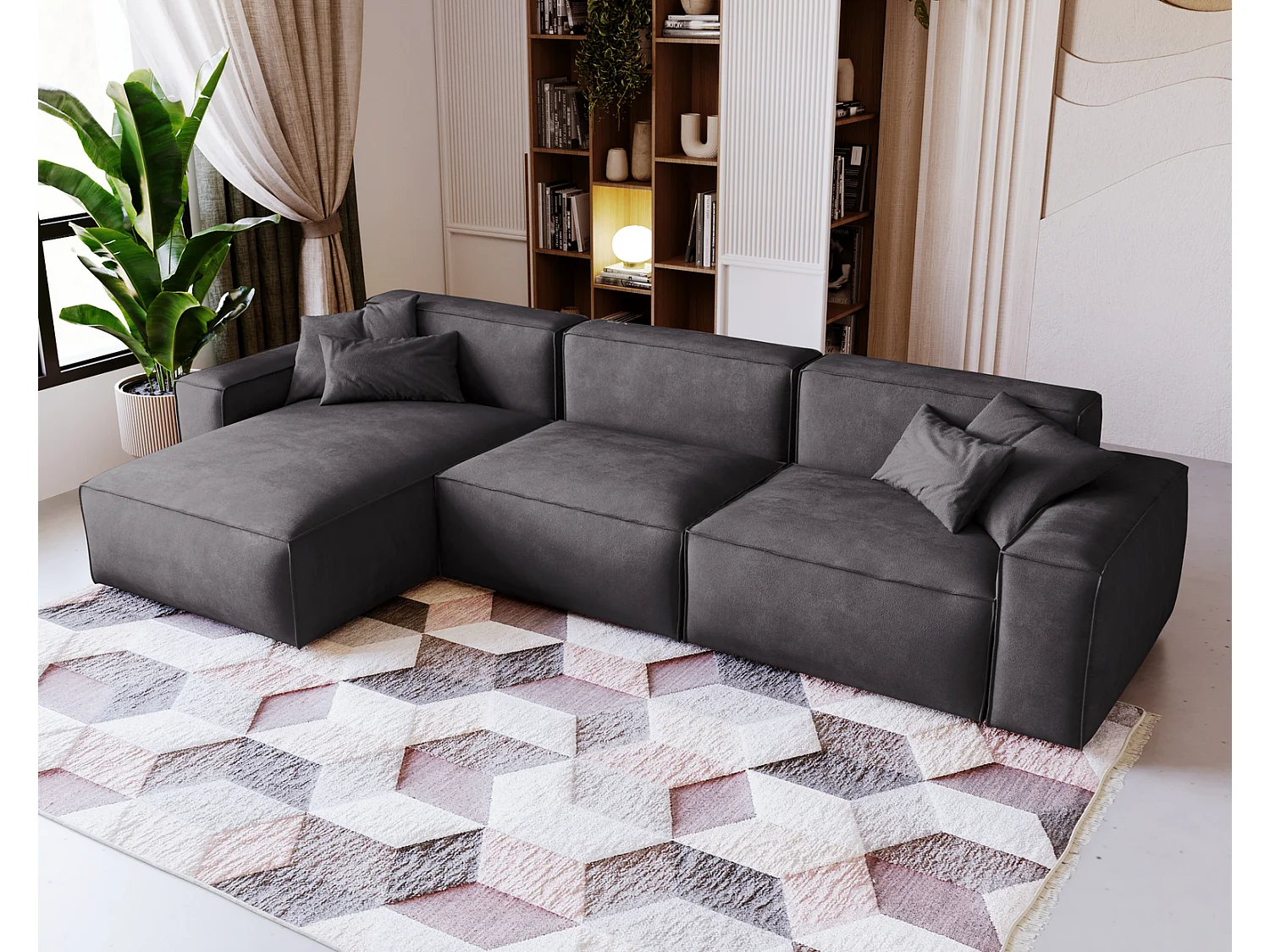 Emporius Figo Gauche Canapé d'angle en Velours, Design, Modern - Canapé d'angle 265x180 cm Gris foncé (Whisper 15)